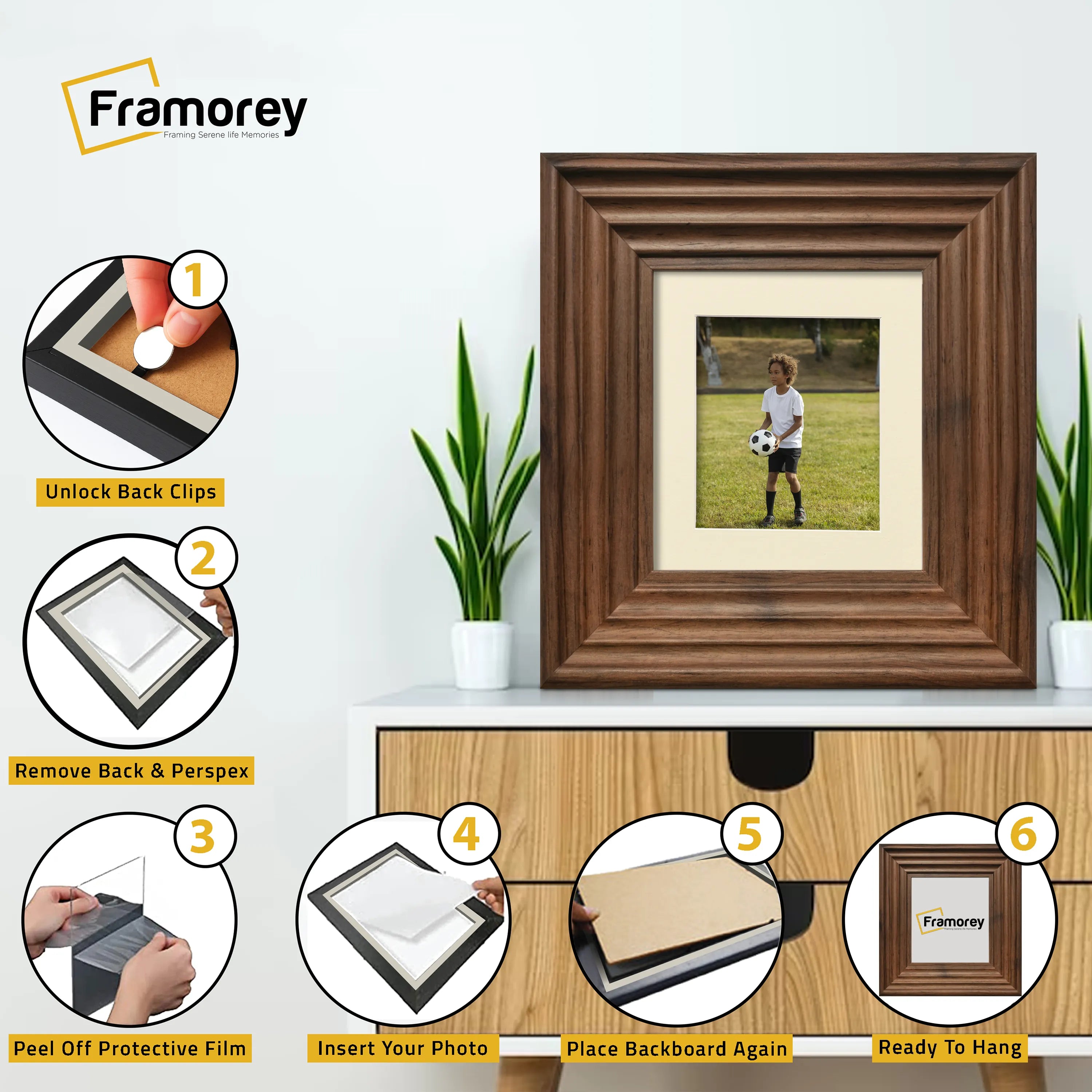 Square Walnut Wooden Picture Frame Big Step Style with Ivory Mount