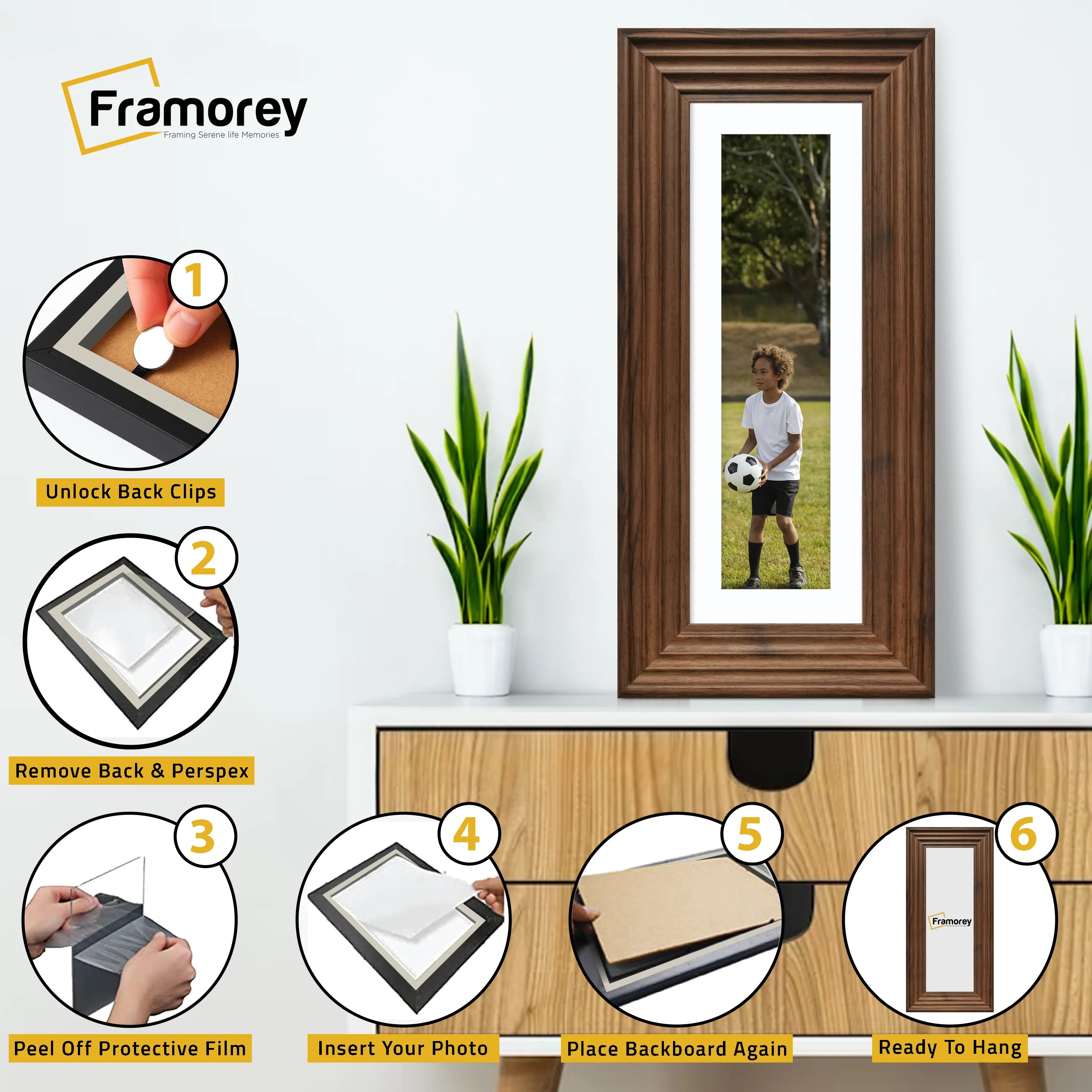 Panoramic Walnut Wooden Picture Frame Big Step Style, With White Mount