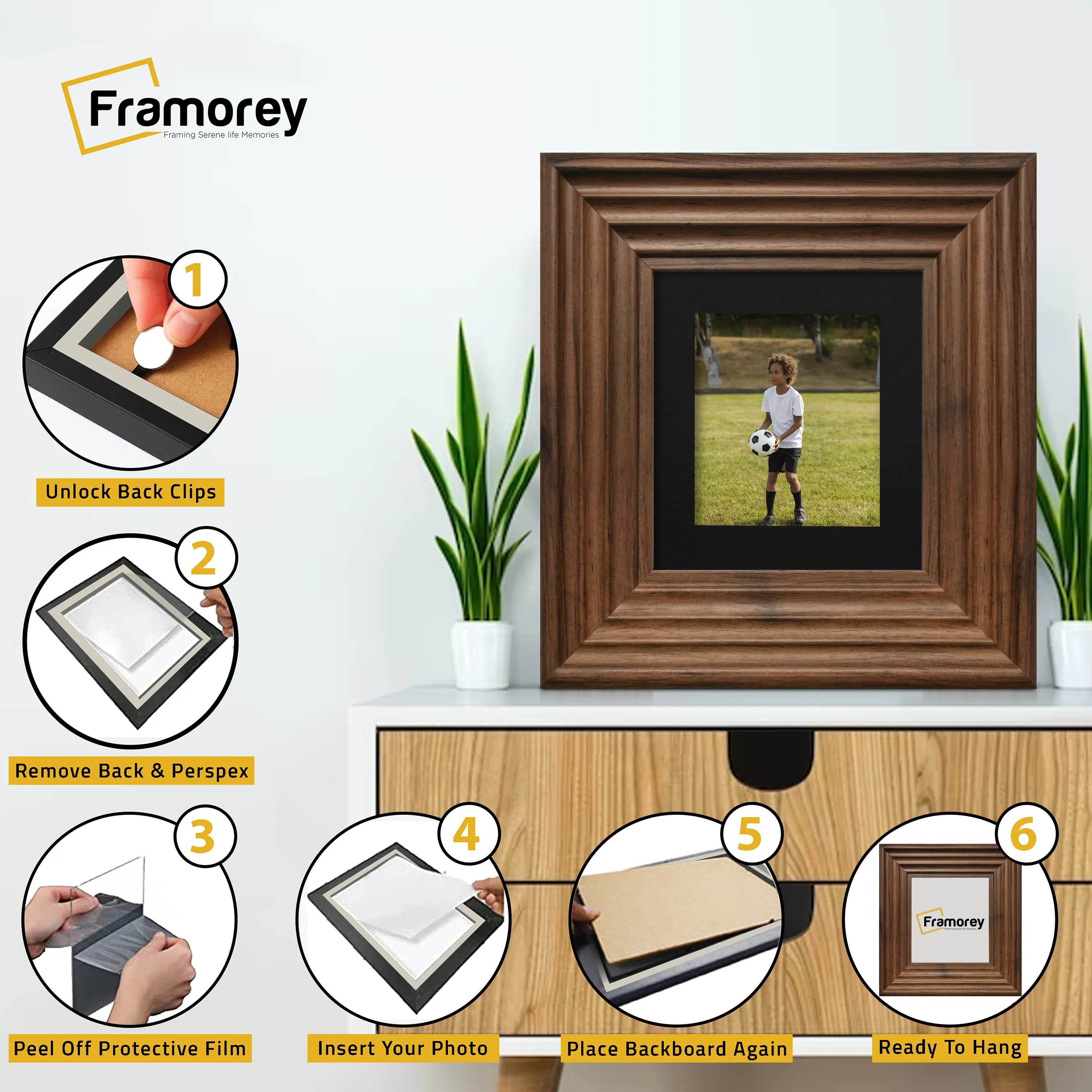 Square Walnut Wooden Picture Frame Big Step Style with Black Mount