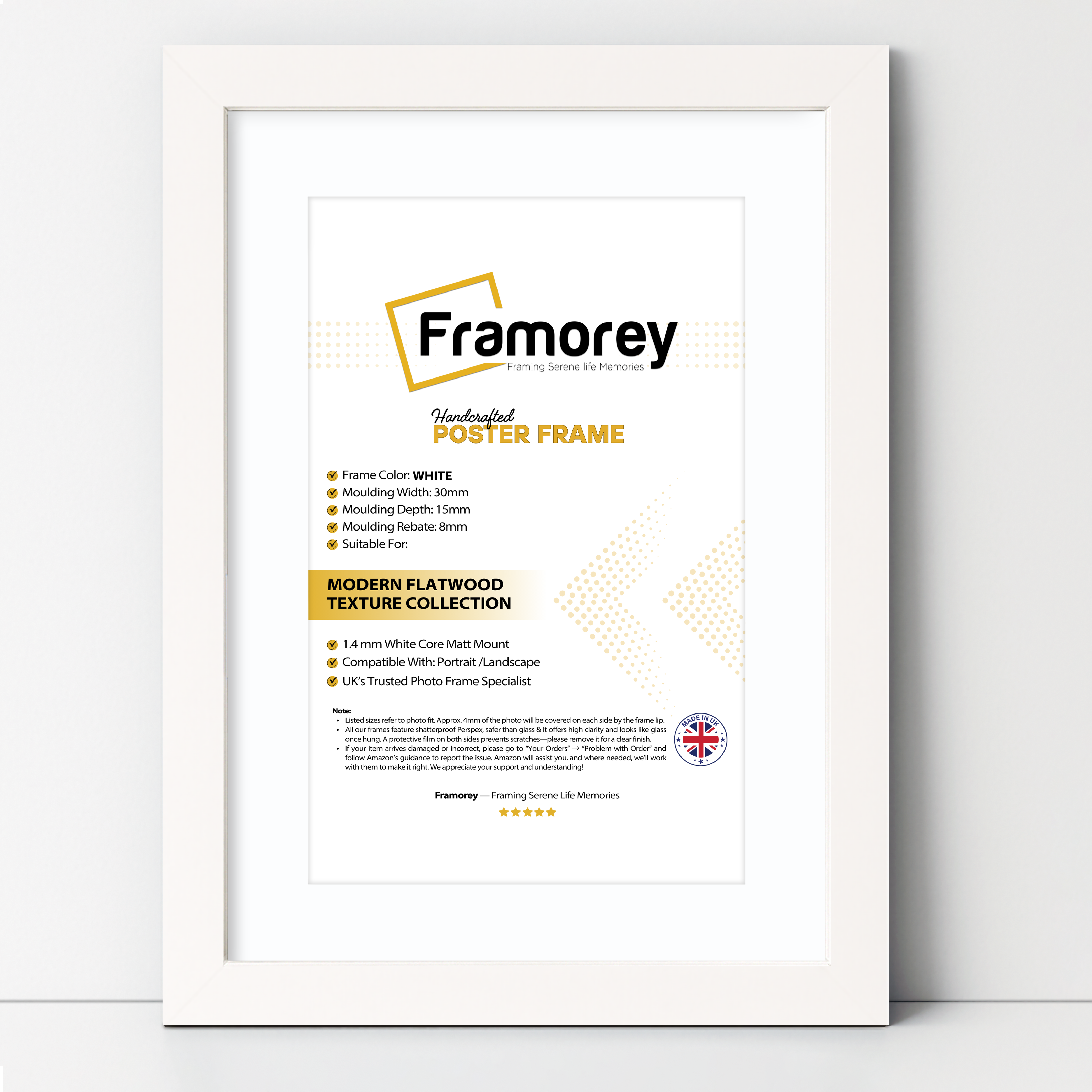 White picture frame with White mount with some detail and a focus corner.