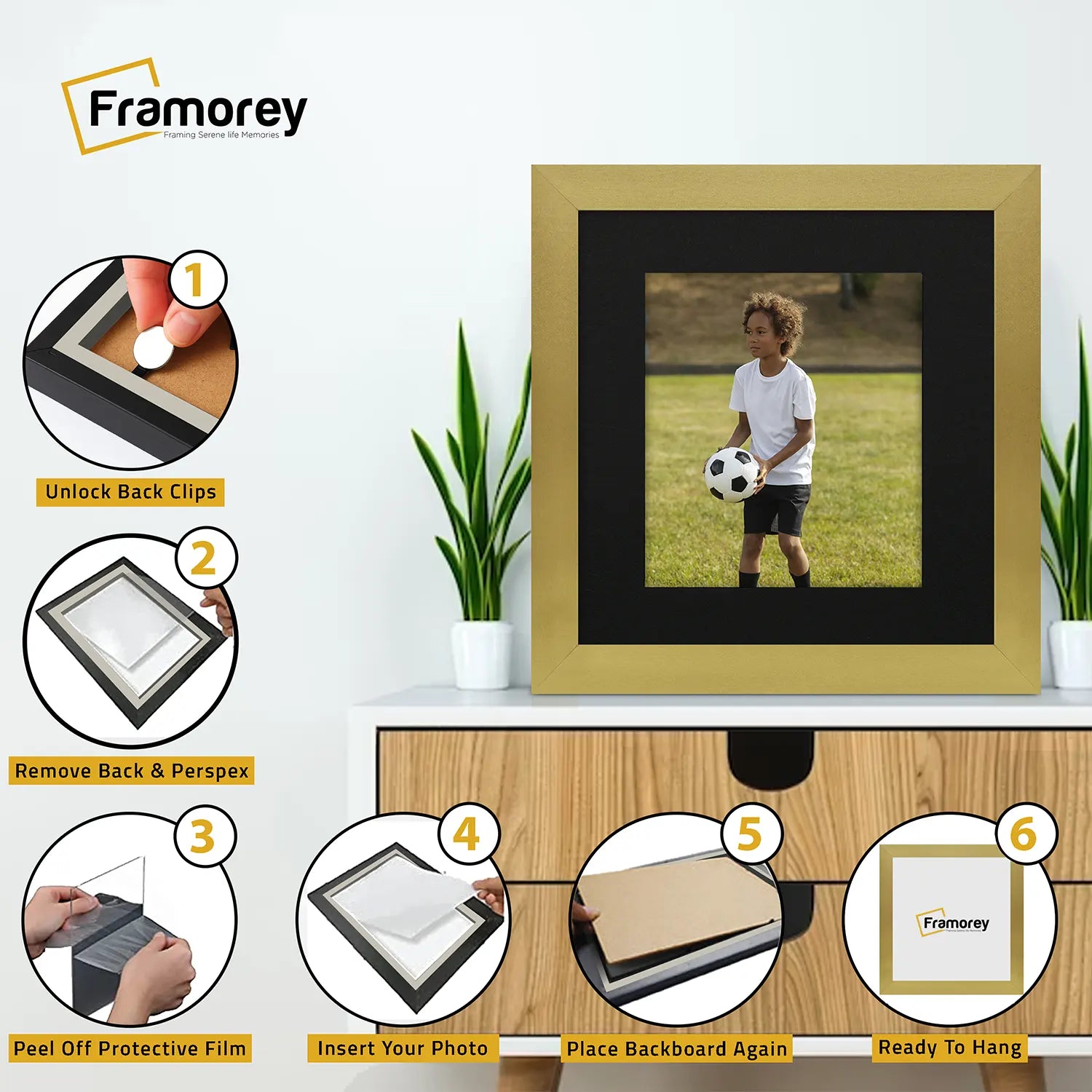 Square Size Gold Picture Frame With Black Mount