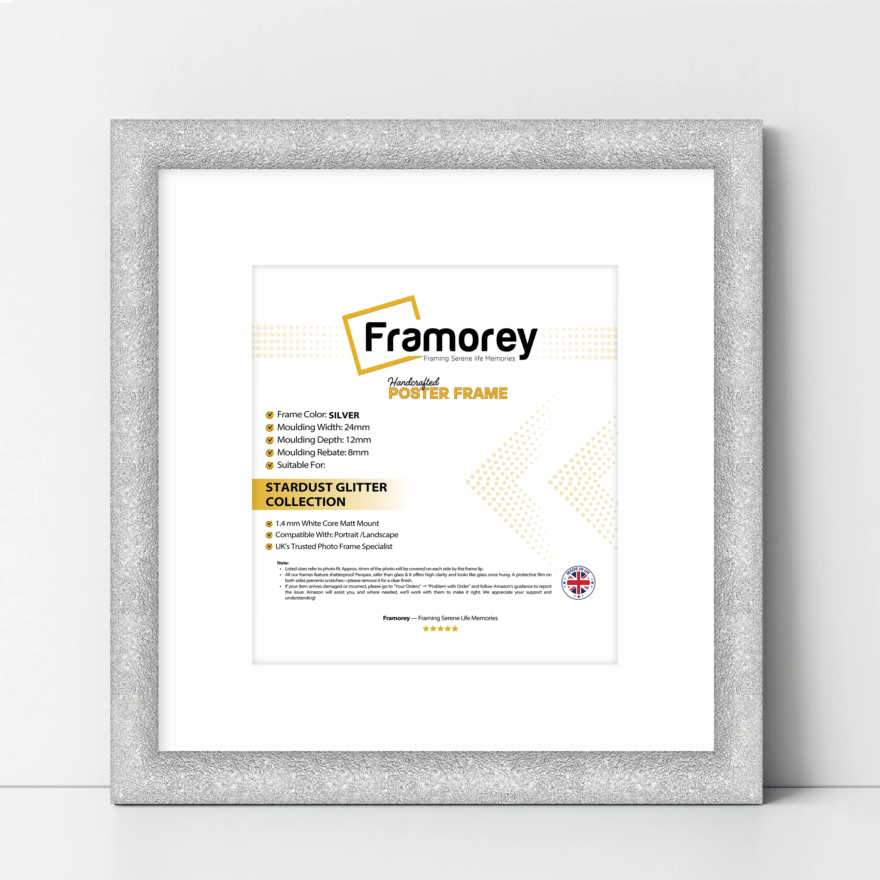 Square Picture Frame Silver Glitter Sparkle Photo Frames With White Mount