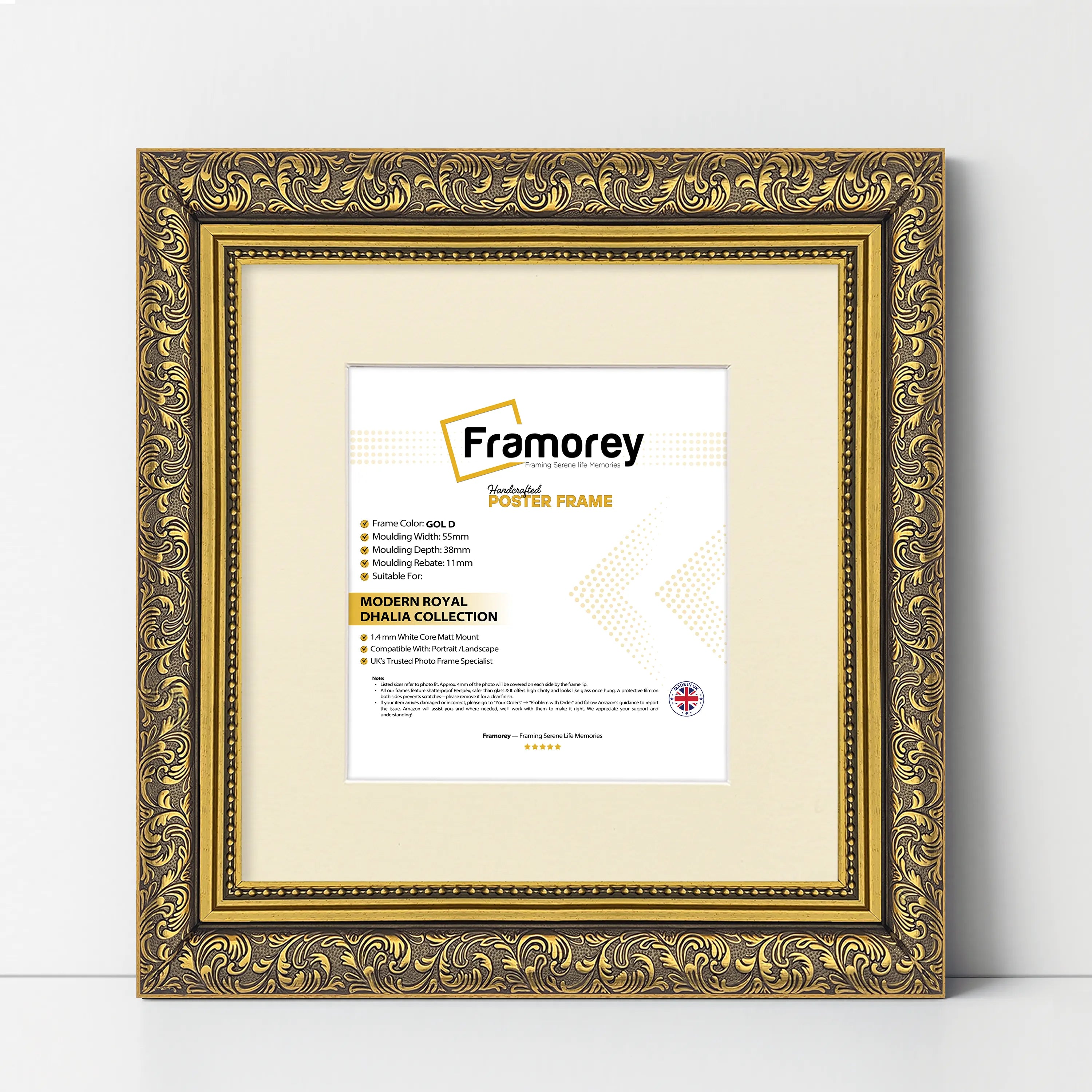 Square Size Photo Frames Gold Picture Frame Dahlia Wall Art Frame With Ivory Mount