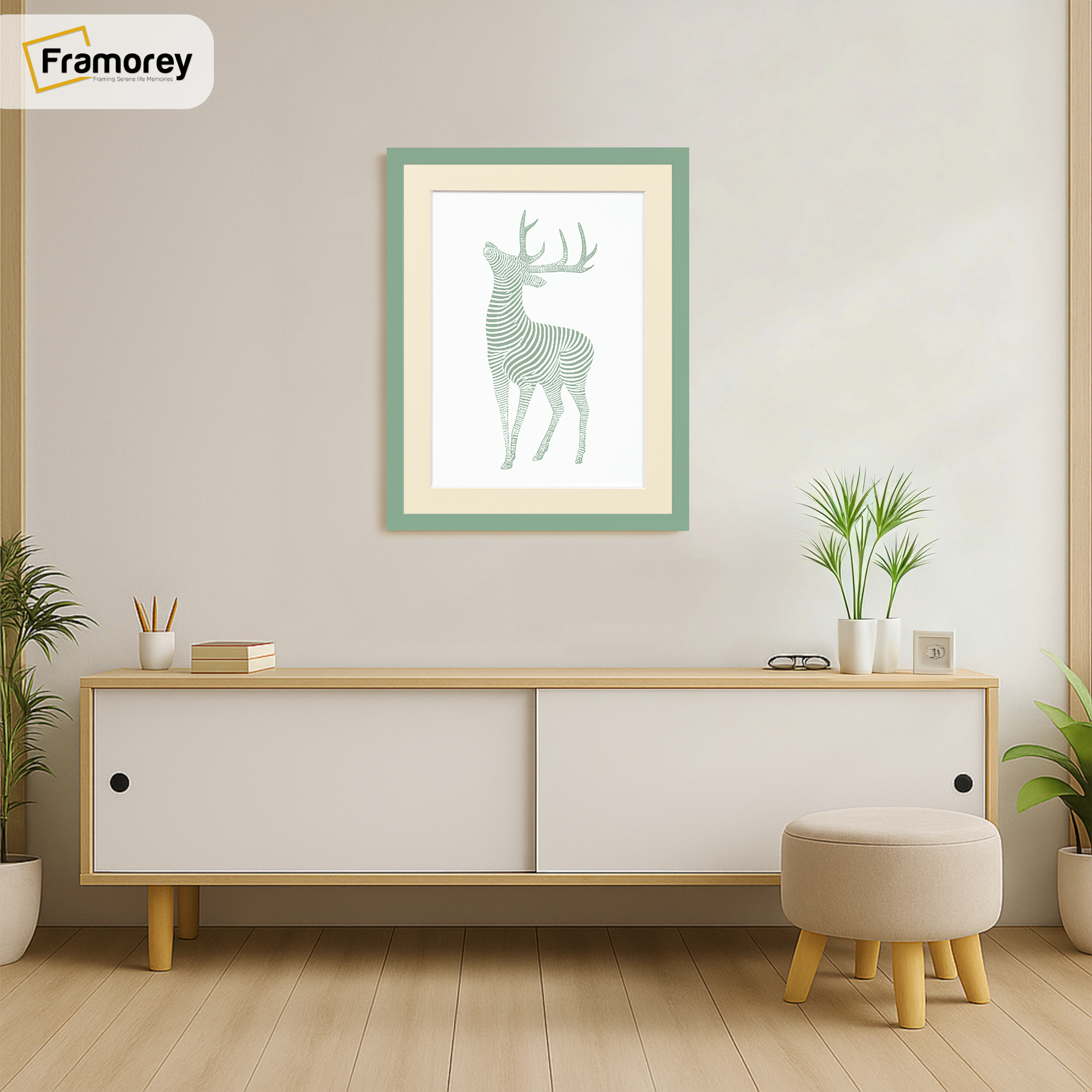 Thin Matt Green Picture Frame With Ivory Mount