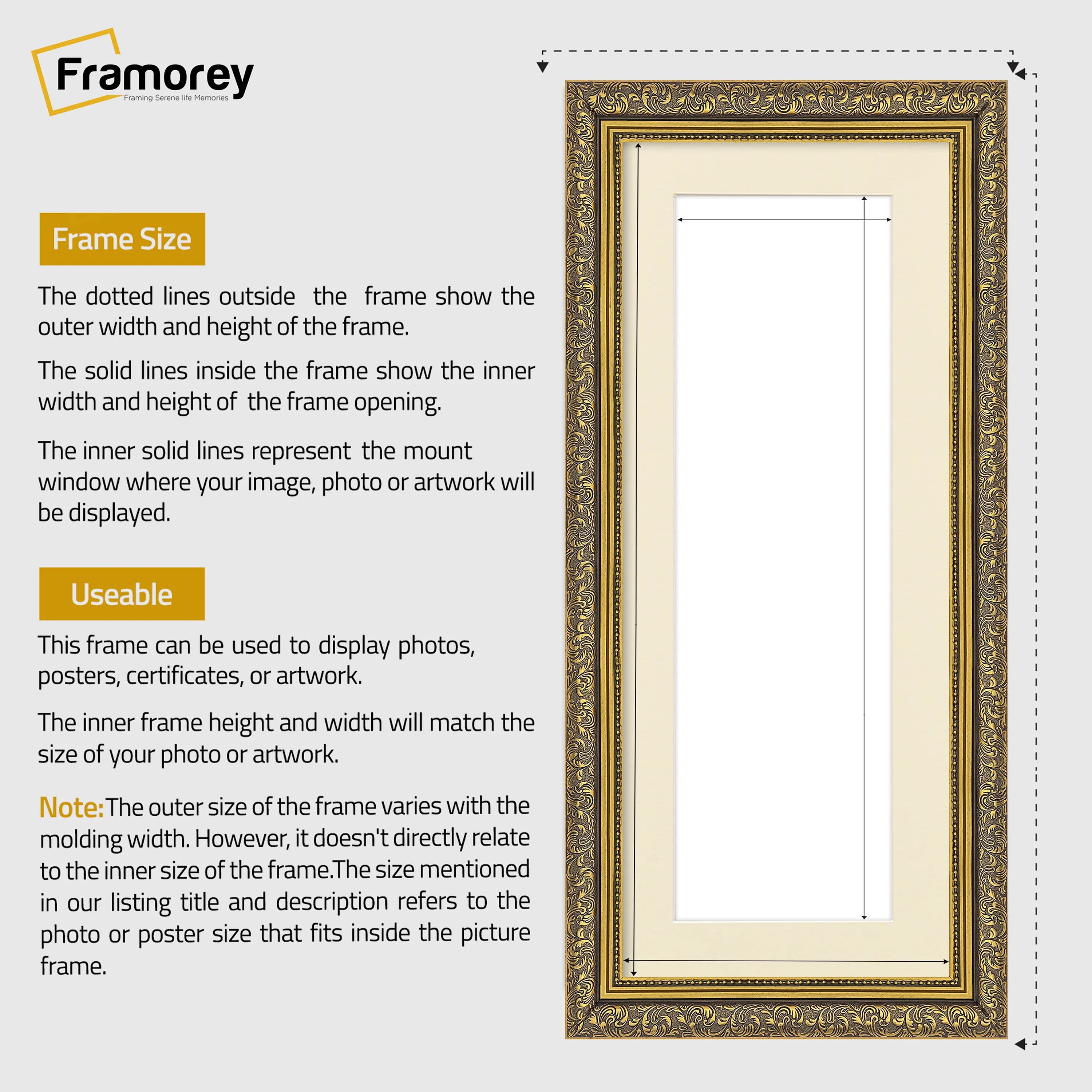 Panorama Gold Photo Frame Dahlia Style Wall Art Frame With Ivory Mount