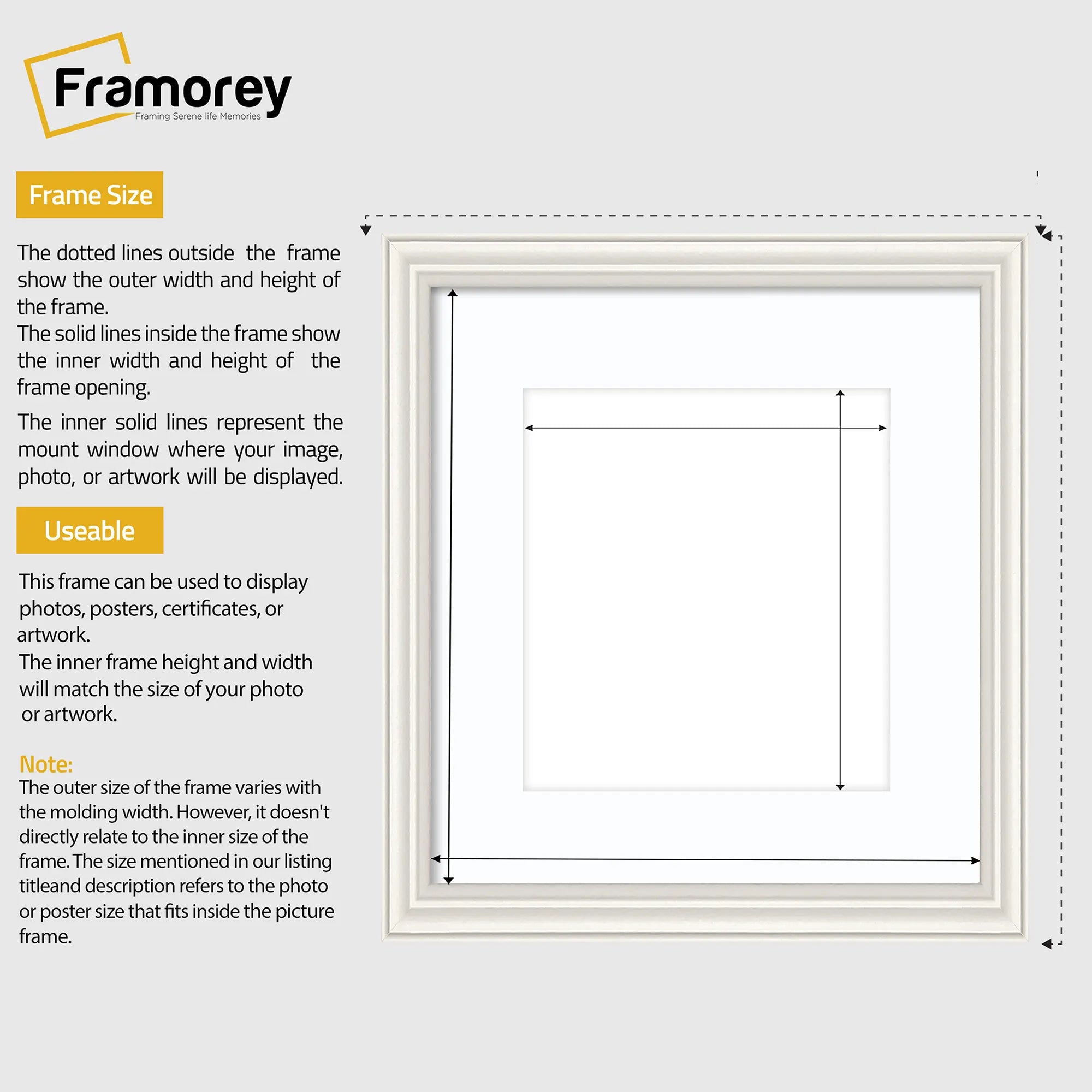 Antique Style Square Size White Picture Frame with White Mount
