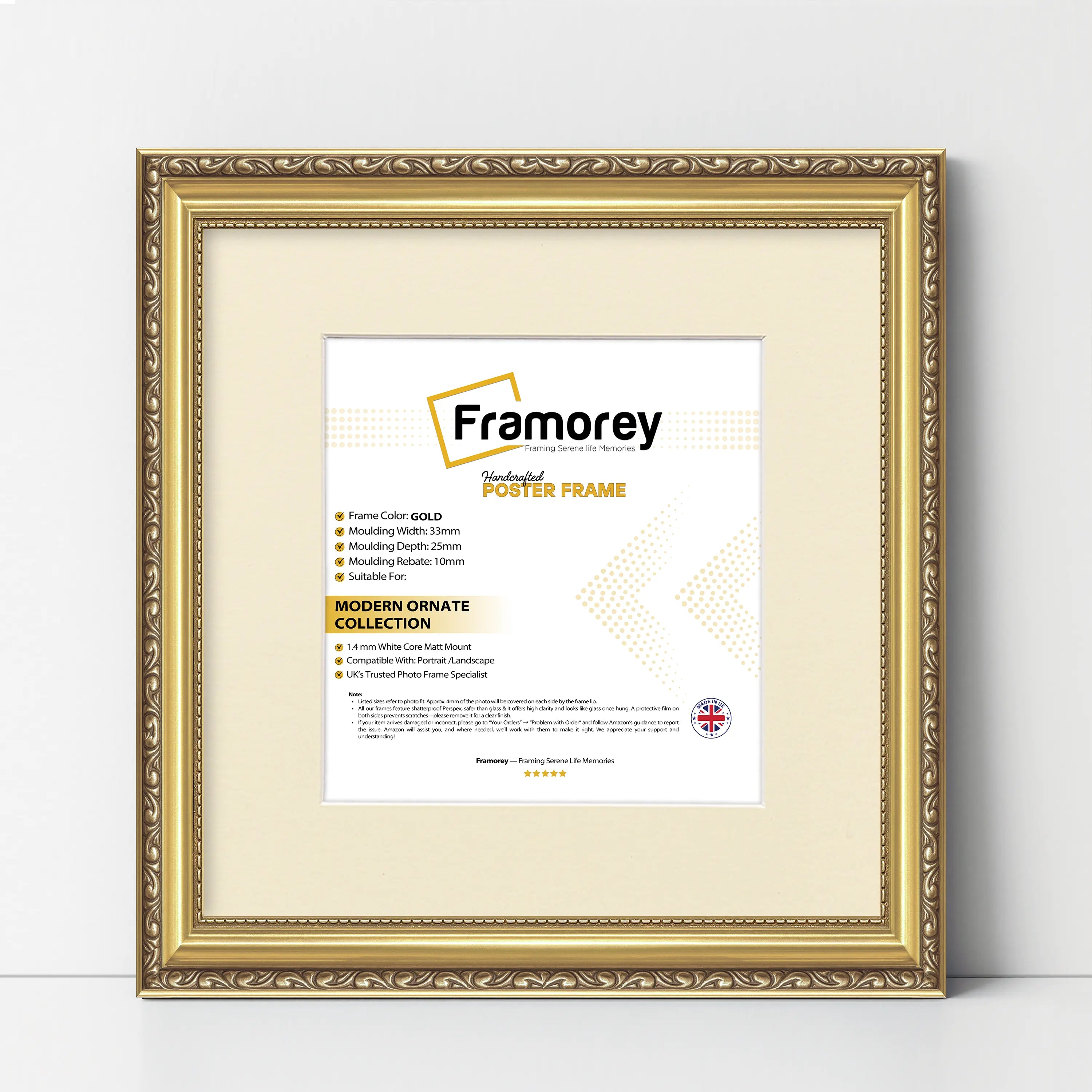 Square Size Gold Shabby Picture Frame With Ivory Mount