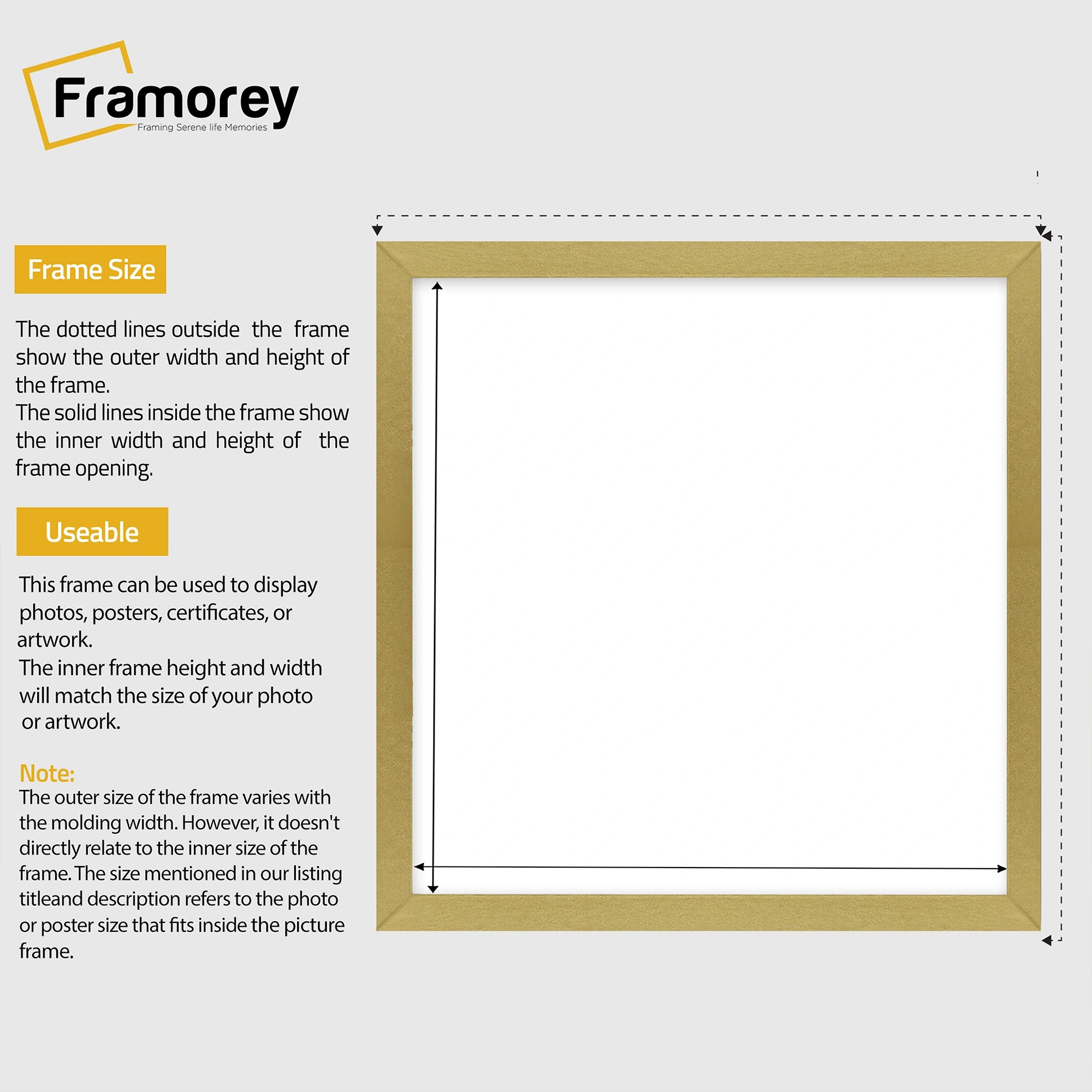 Square Size Thin Matt Gold Picture Frame Poster Frames