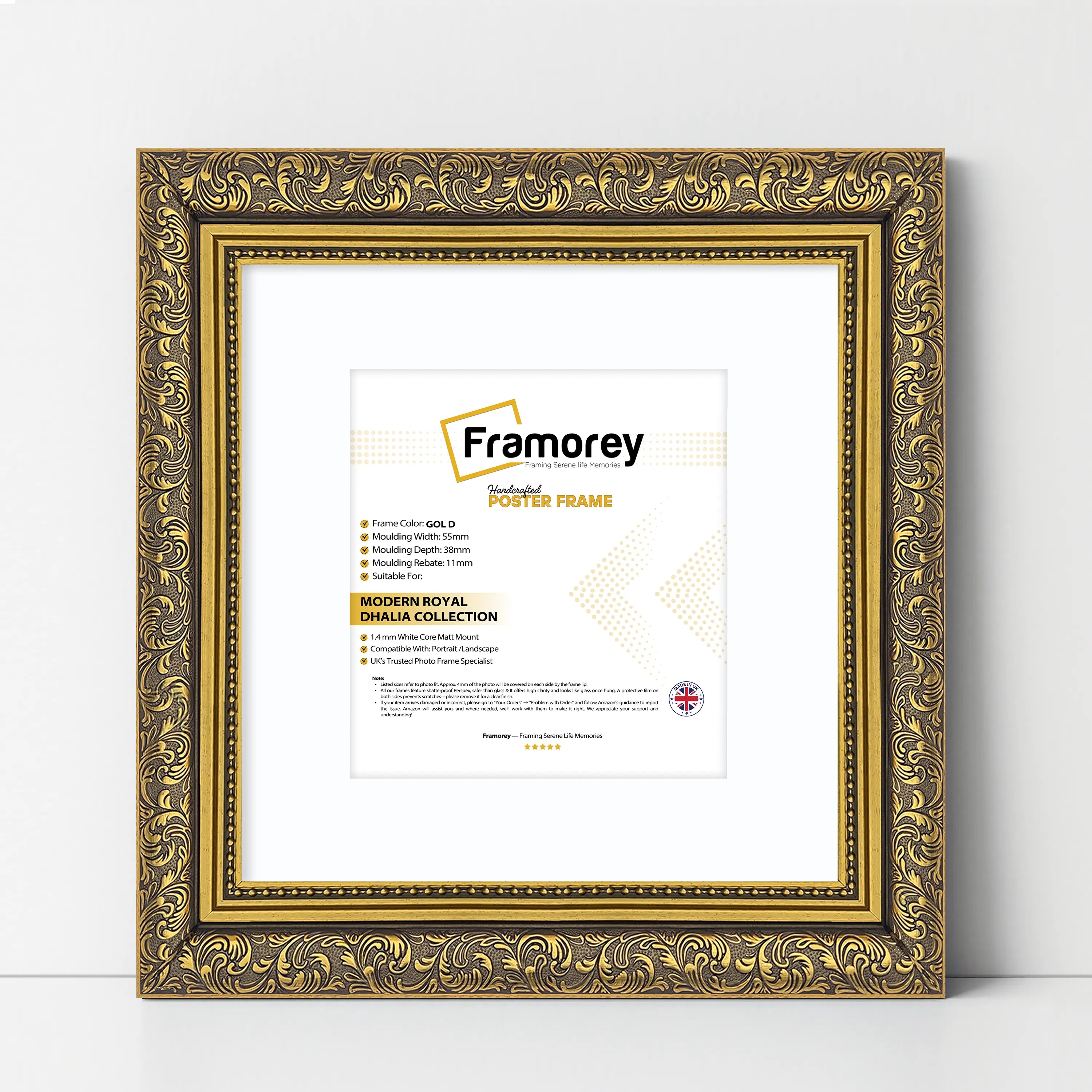 Square Photo Frame Dahlia Gold Picture Frame With White Mount