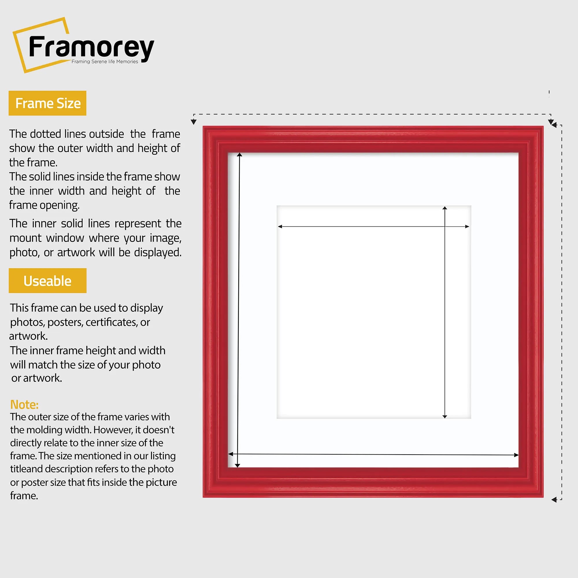 Antique Style Square Size Red Picture Frame with White Mount