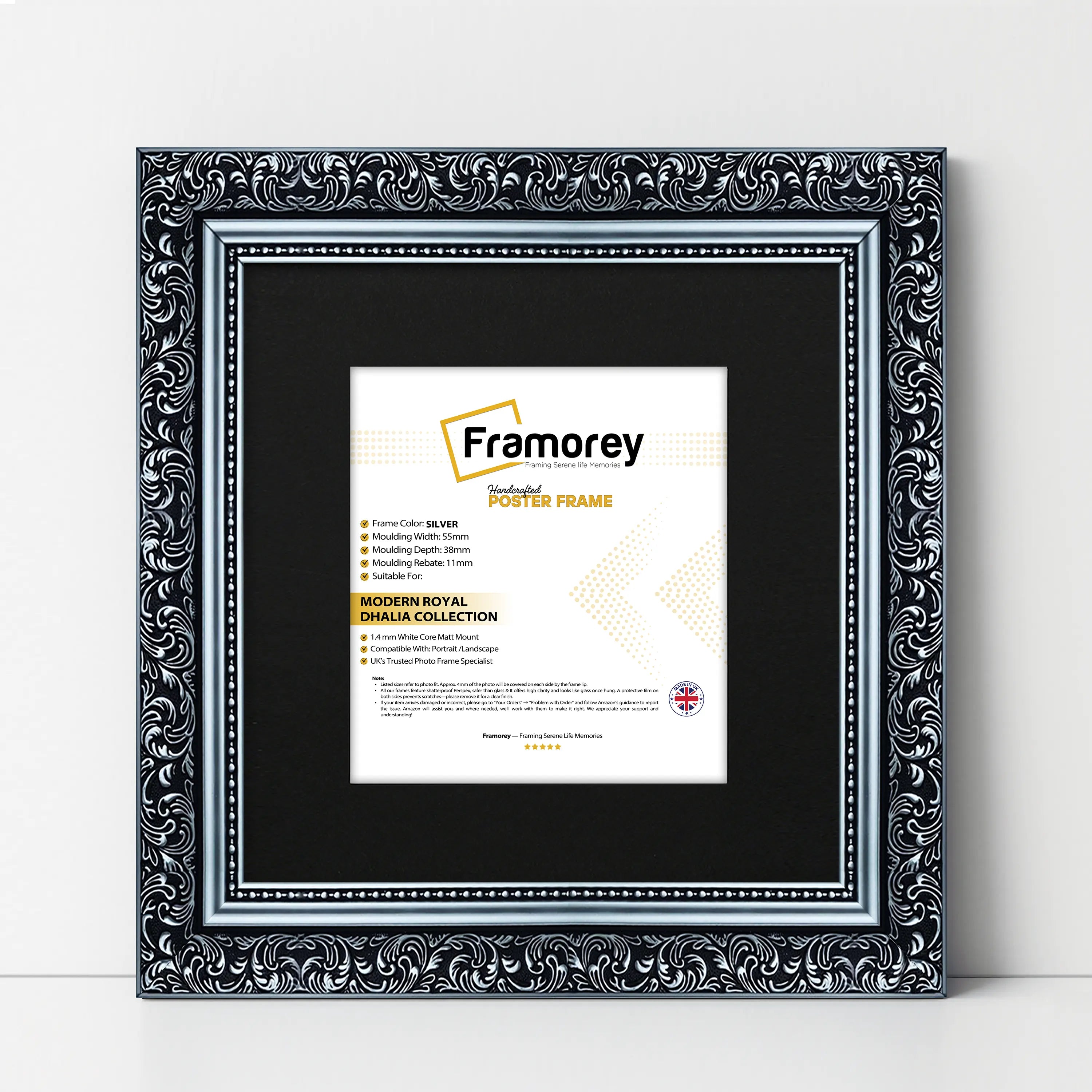 Square Photo Frames Silver Dahlia Wall Art Frame With Black Mount