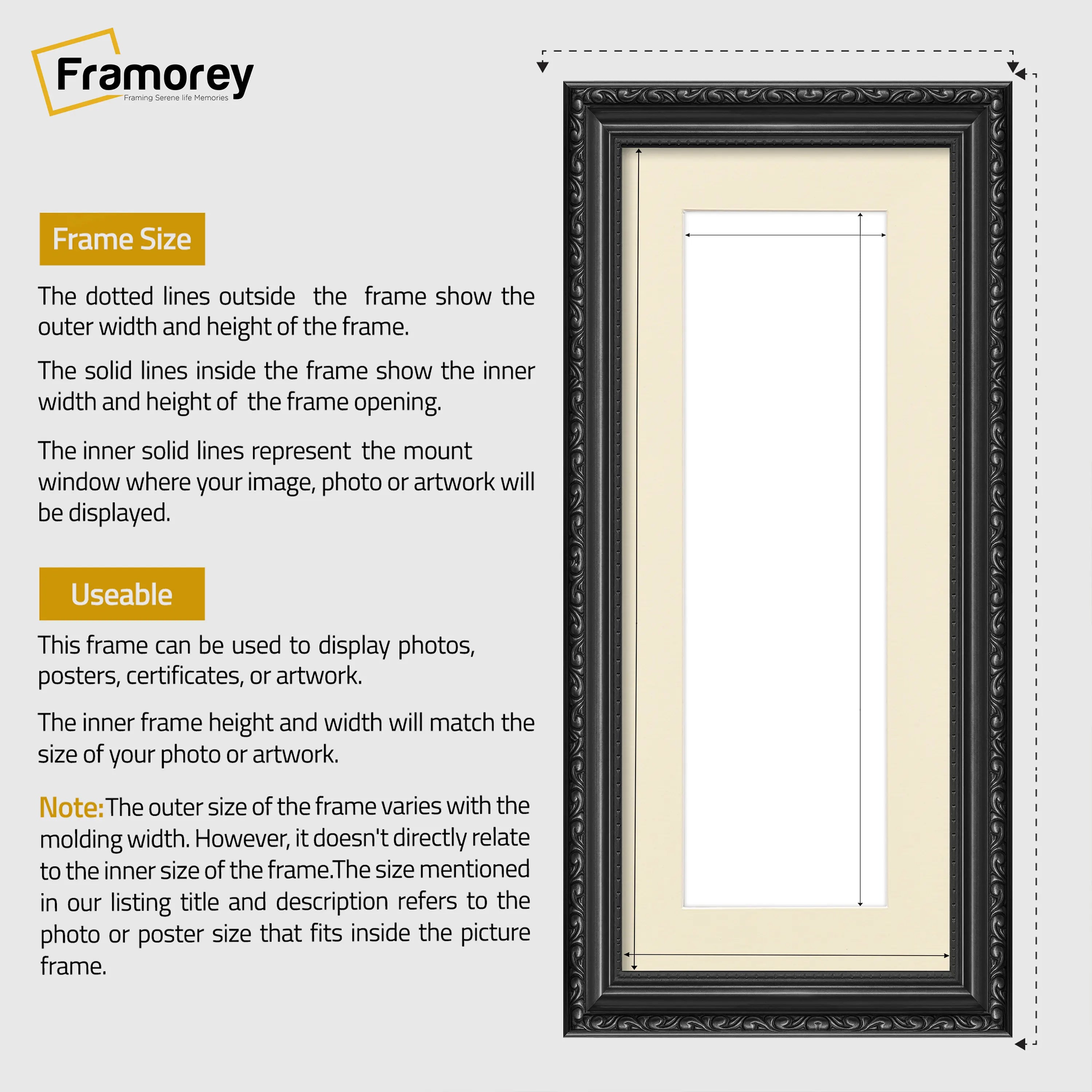 Panoramic Size Black Picture Frame Shabby Wall Frames With Ivory Mount