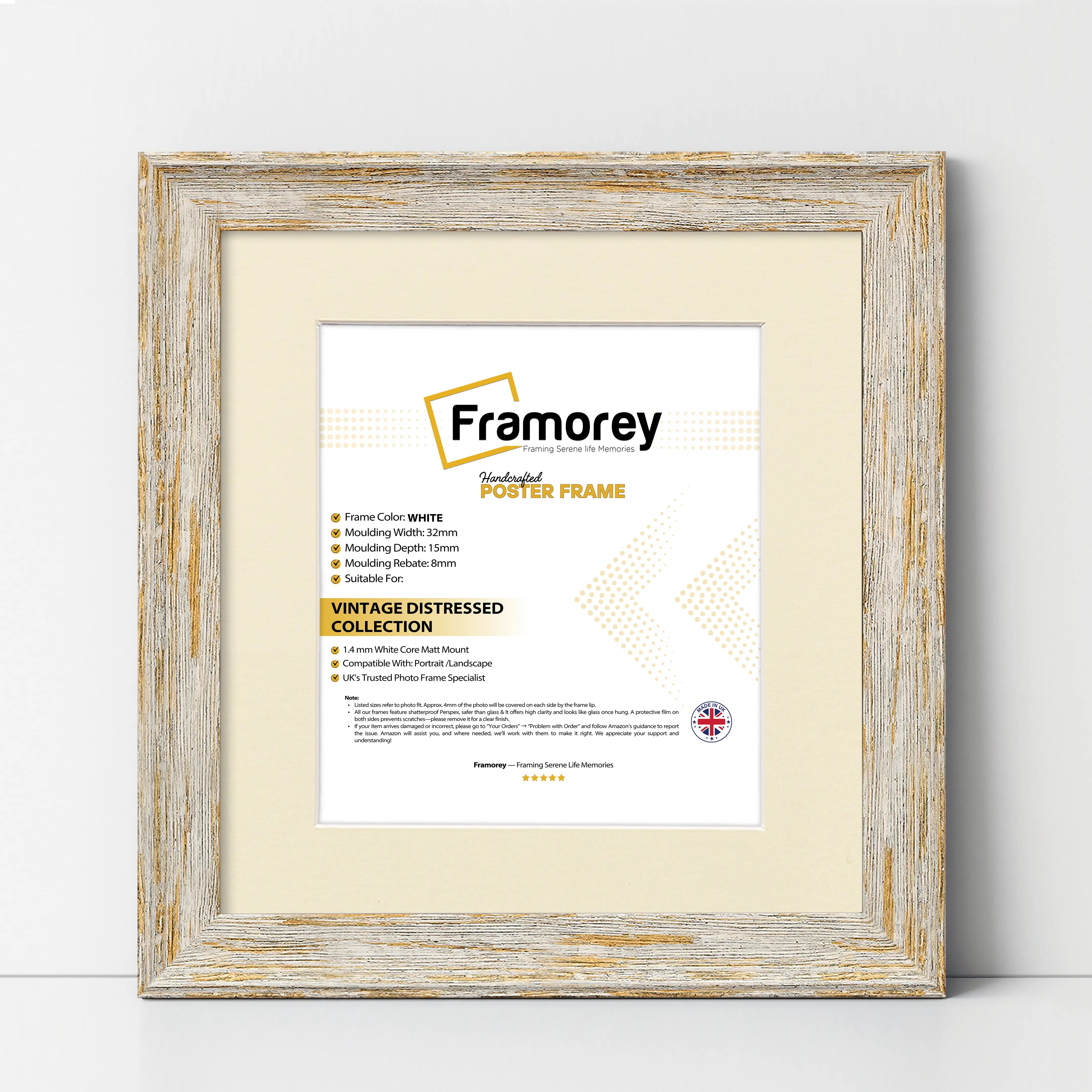Square White Picture Frame Vintage Distressed Photo Frames With Ivory Mount
