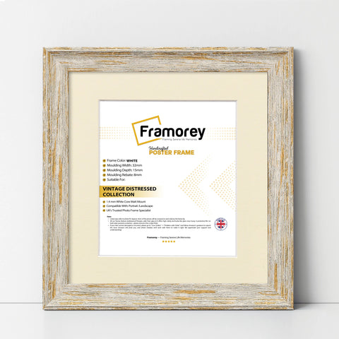 Square White Picture Frame Vintage Distressed Photo Frames With Ivory Mount