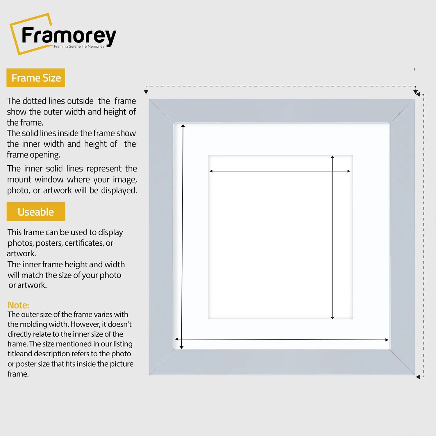 Square Size Light Grey Picture Frame With White Mount