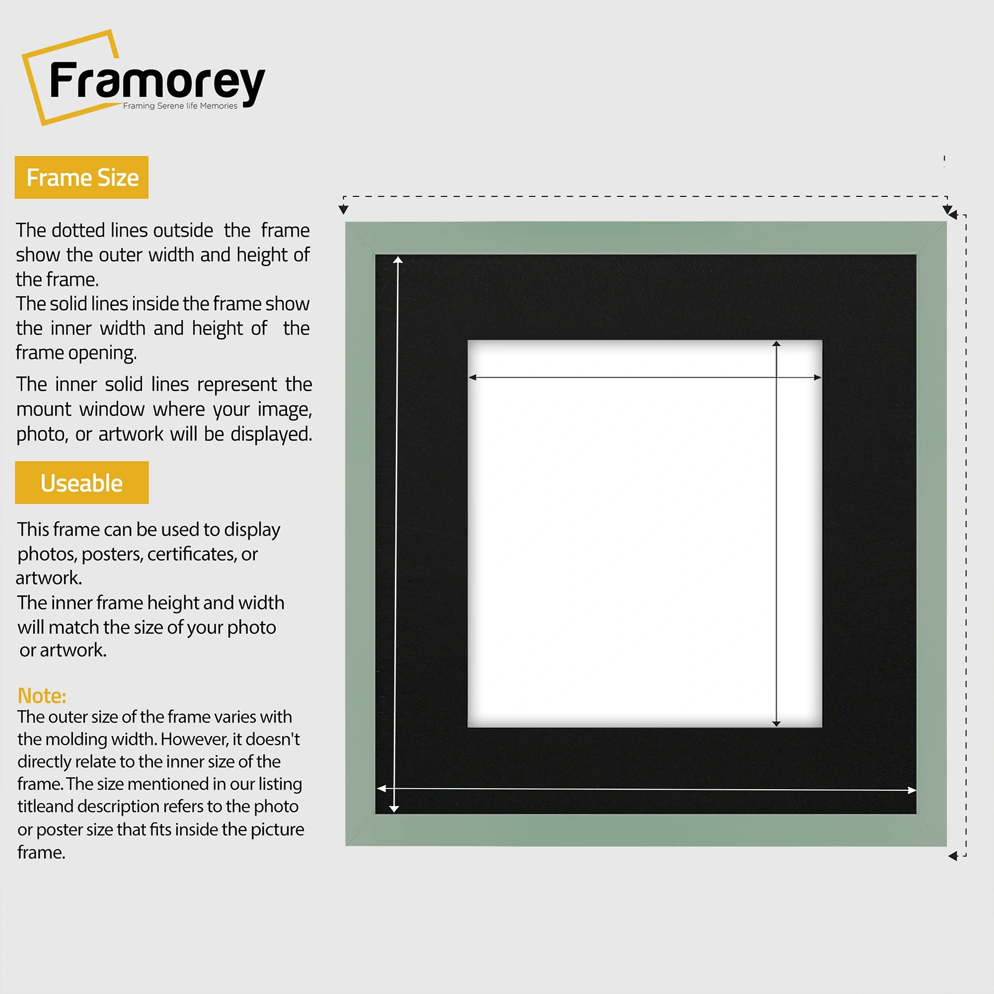Square Size Thin Matt Green Picture Frames With Black Mount