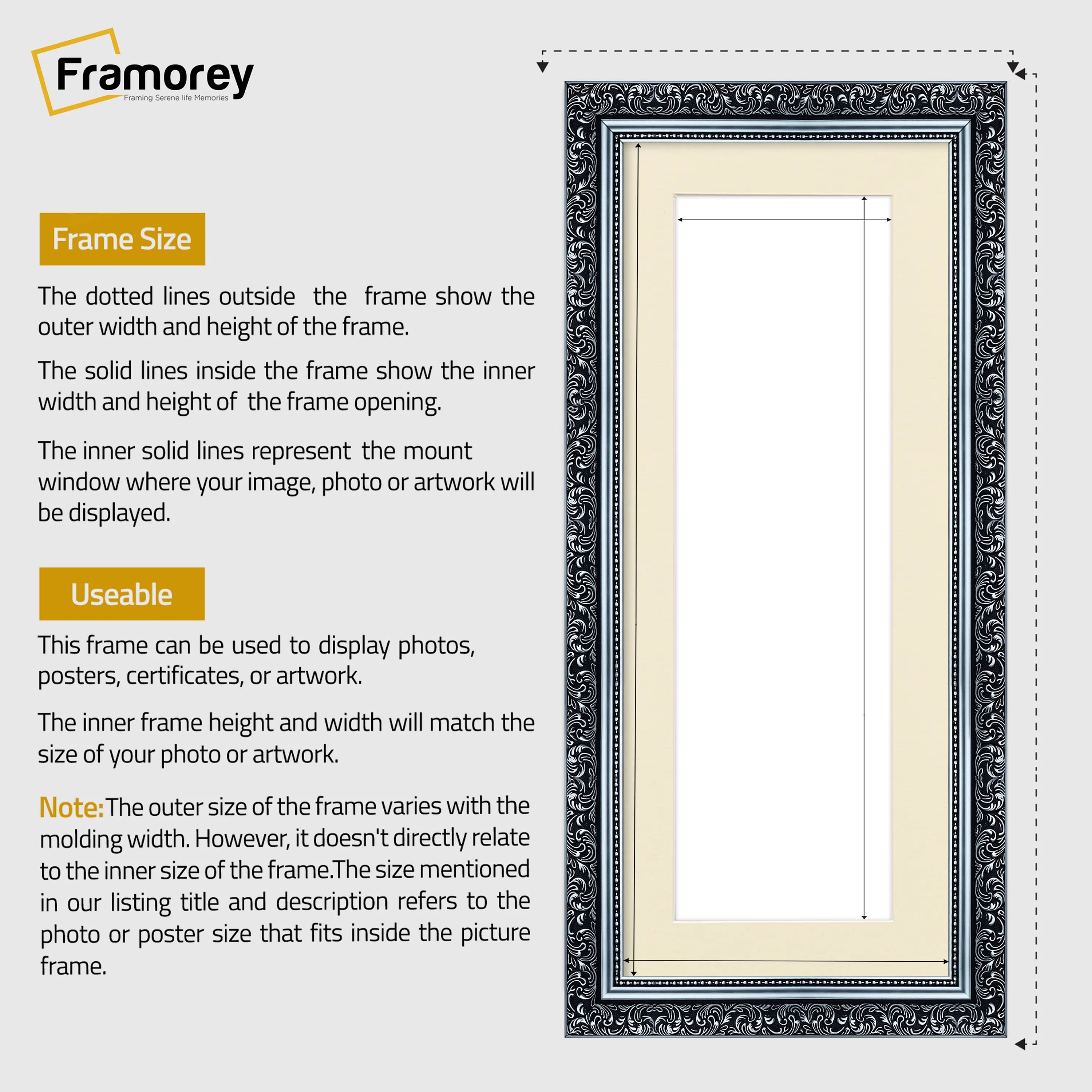 Panorama Style Silver Photo Frame Dahlia Style Wall Art Hanging Frame With Ivory Mount