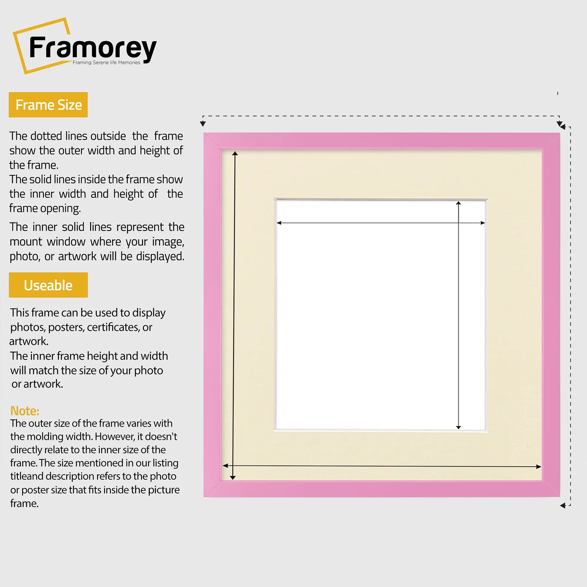 Square Size Thin Matt Pink Picture Frames With Ivory Mount