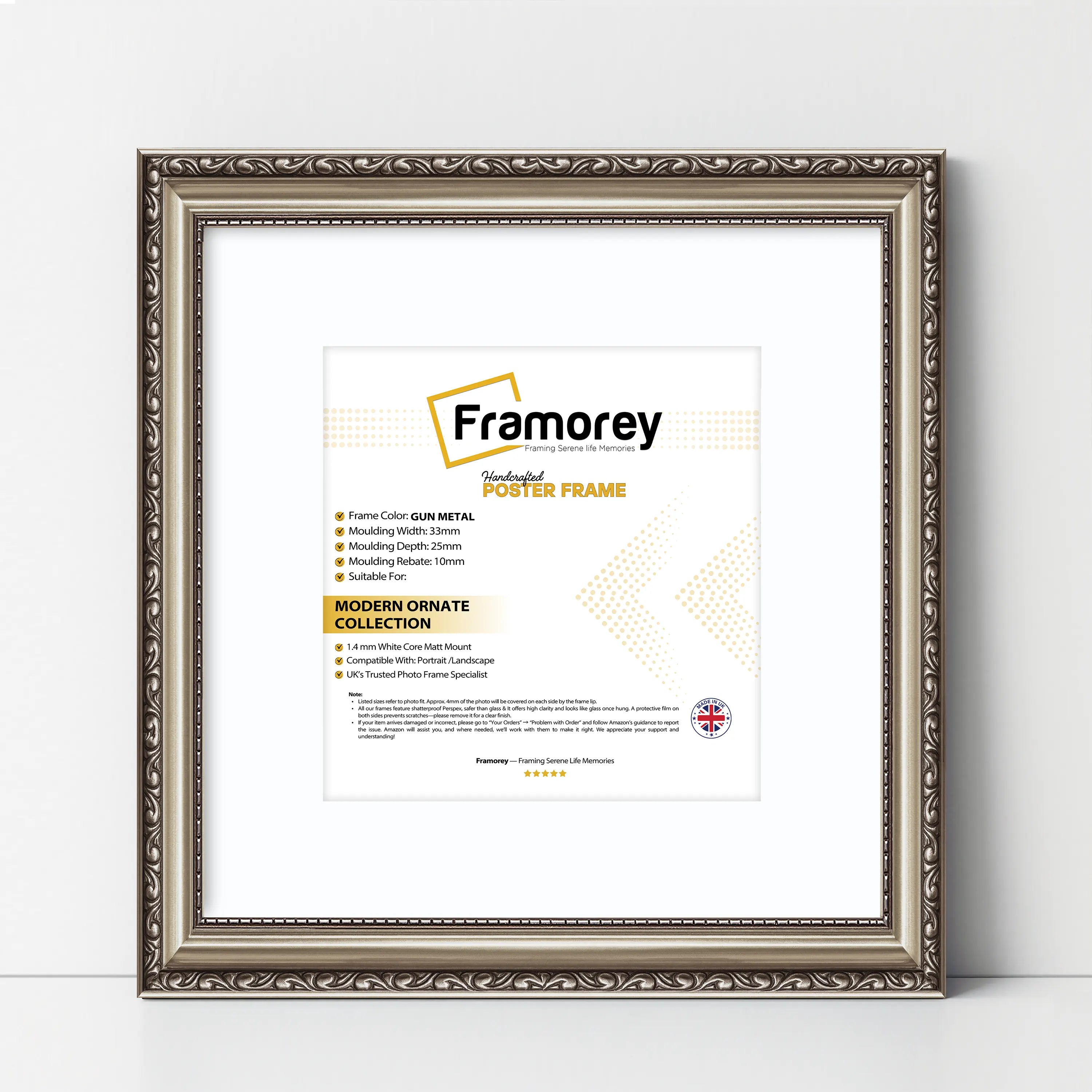 Square Size Gun Metal Shabby Picture Frame With White Mount