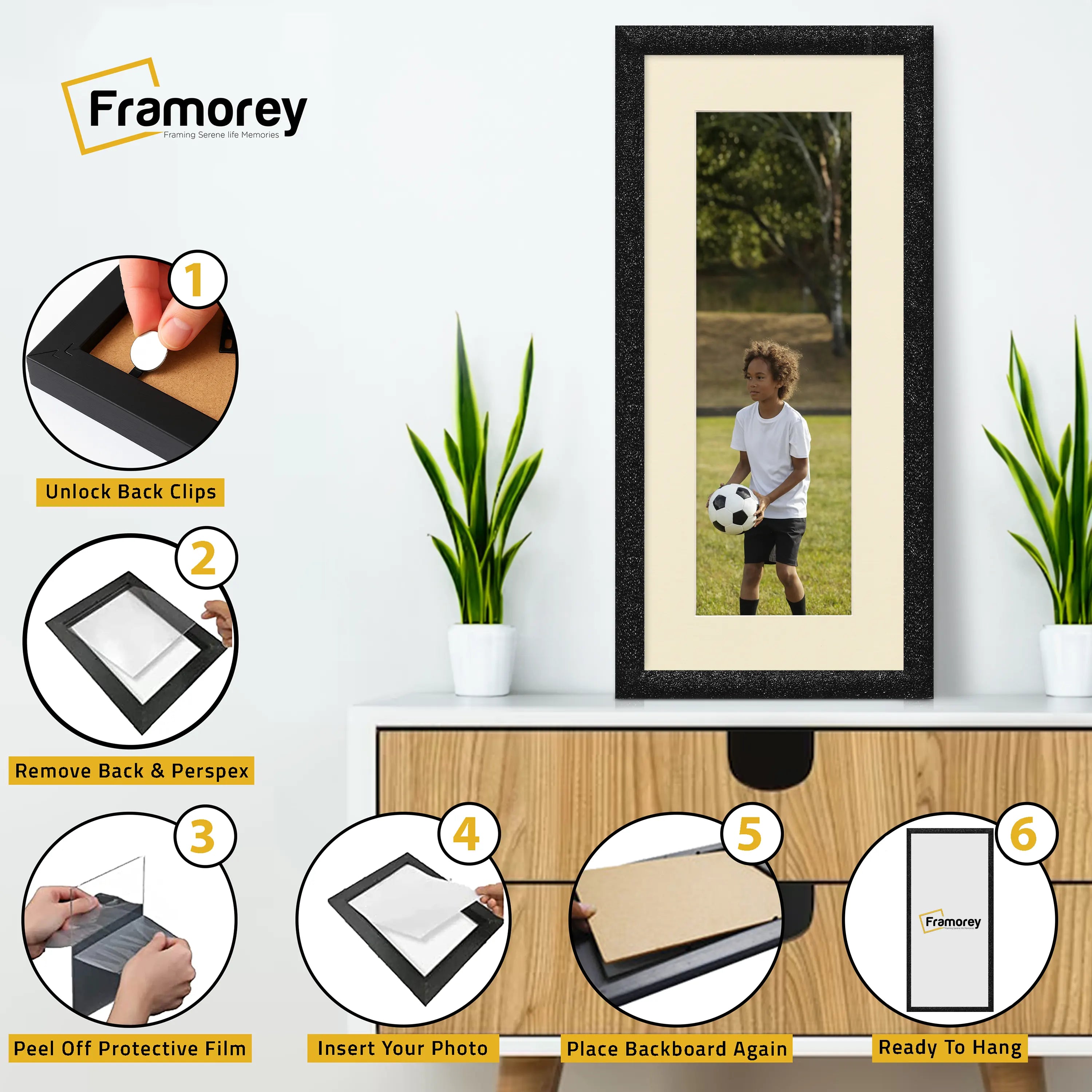 Panoramic Size Glitter Sparkle Black Photo Frames With Ivory Mount