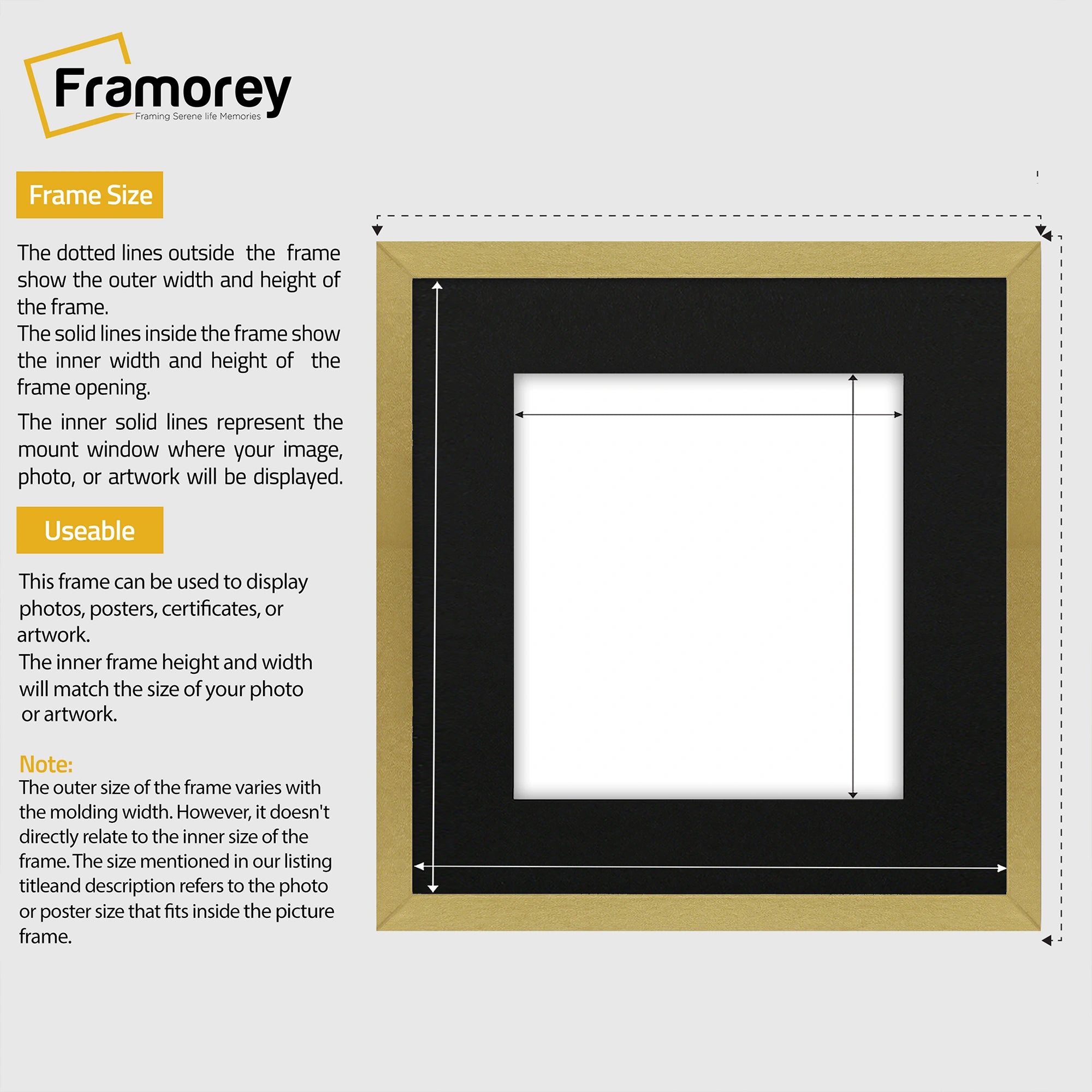Square Size Gold Thin Matt  Photo Frames With Black Mount