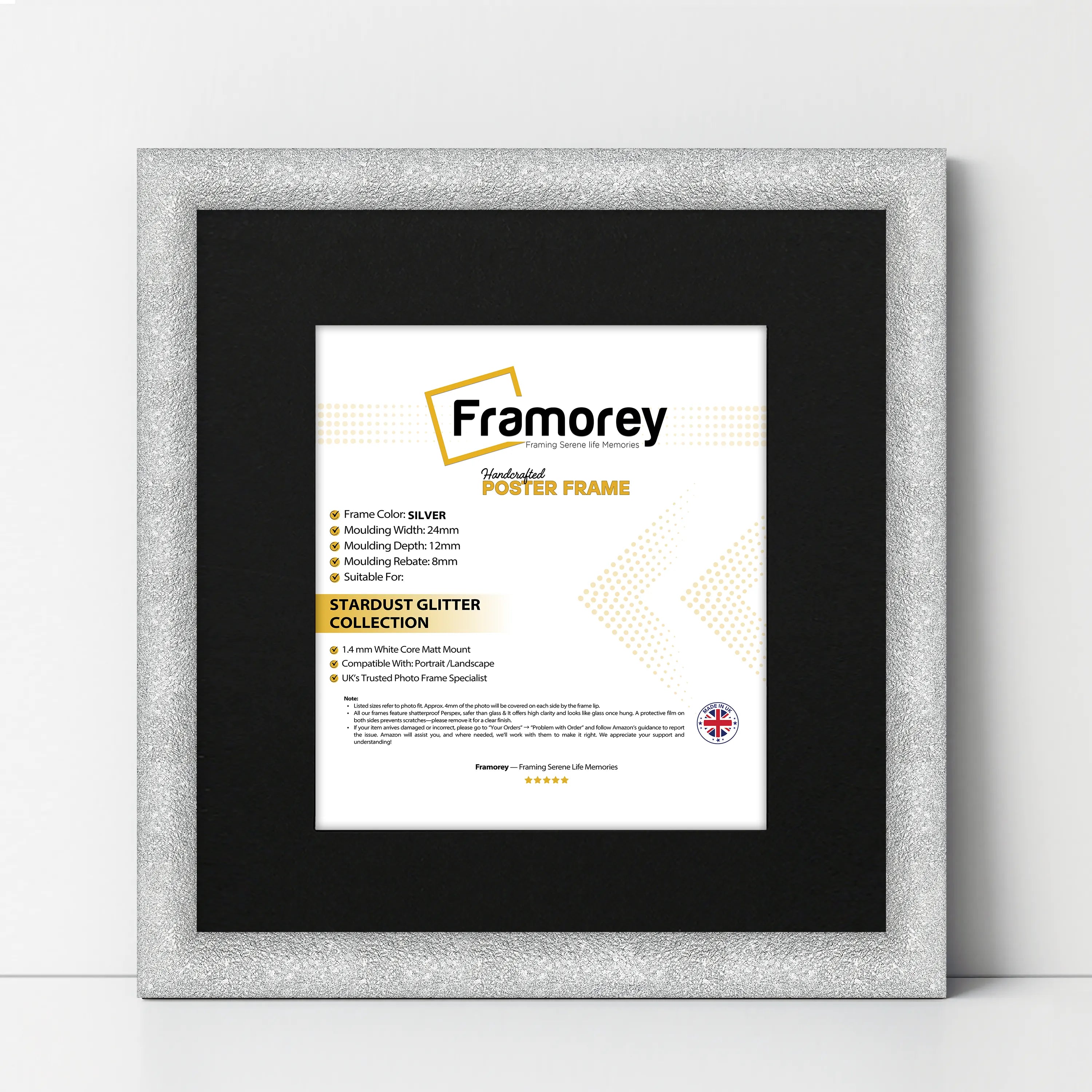 Square Size Picture Frame Silver Glitter Sparkle Photo Frames With Black Mount