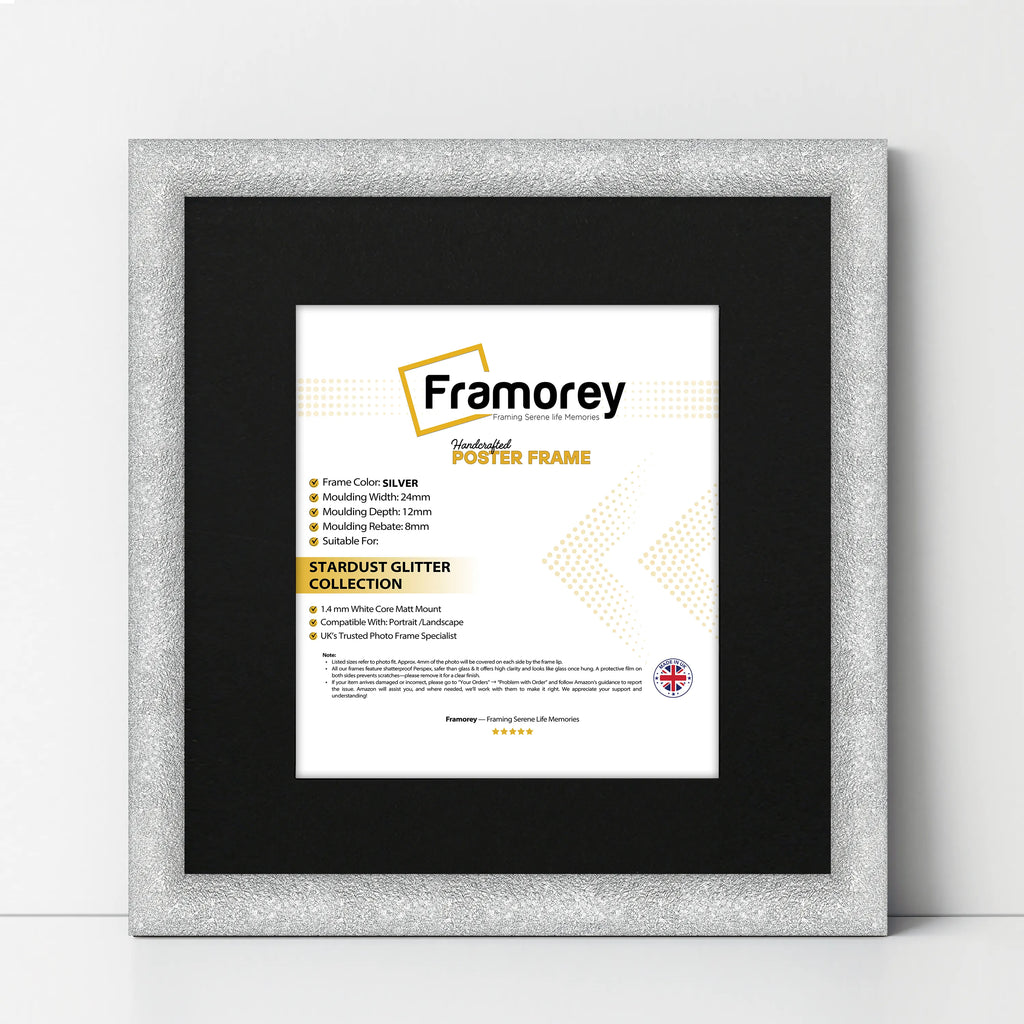 Square Size Picture Frame Silver Glitter Sparkle Photo Frames With Black Mount