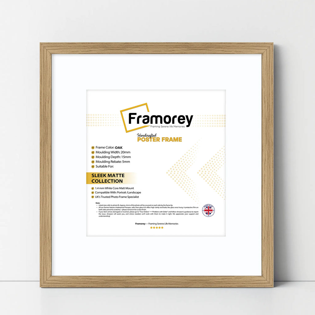 Square Size Thin Matt Oak Picture Frames With White Mount