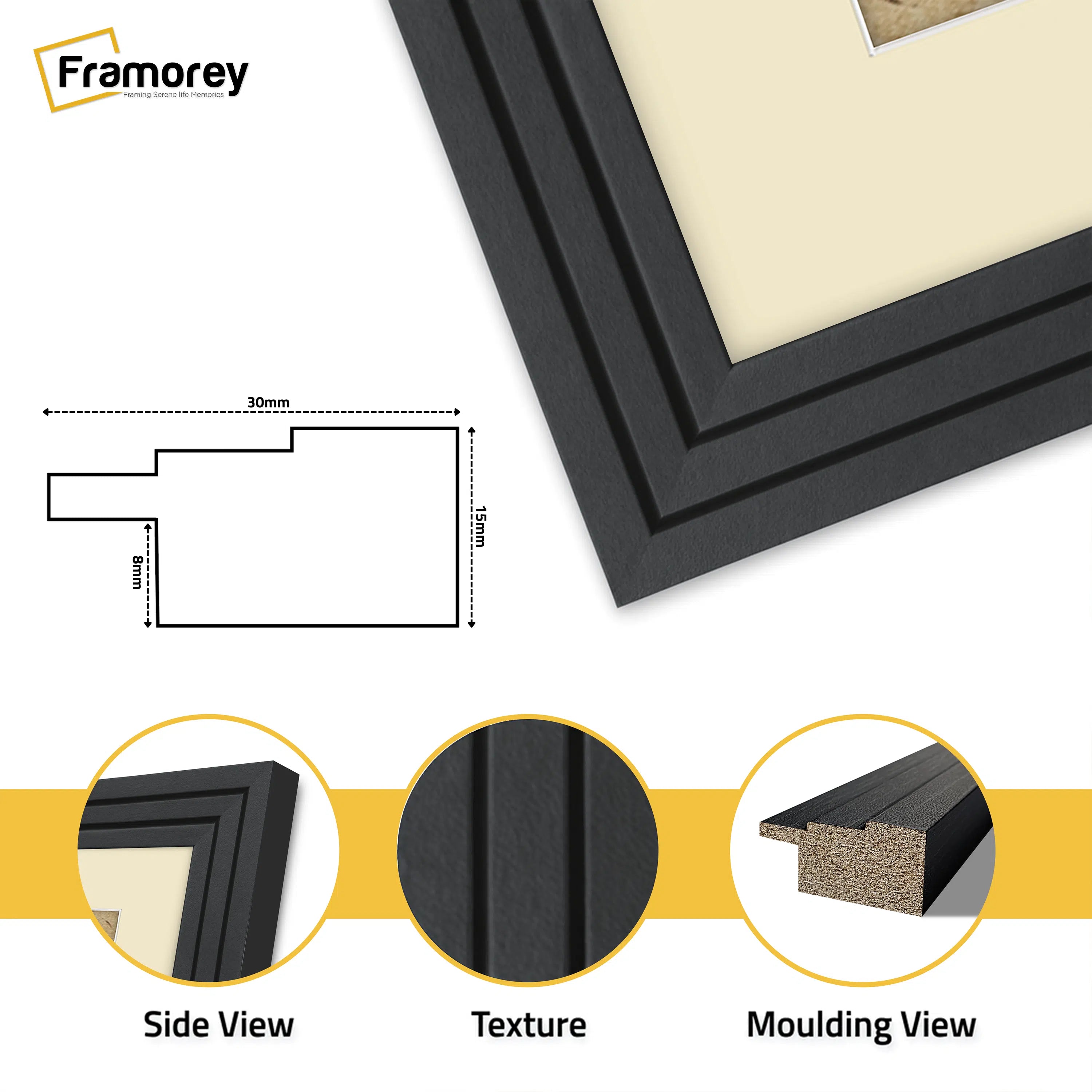 Step Style Square Size Black Picture Frame With Ivory Mount