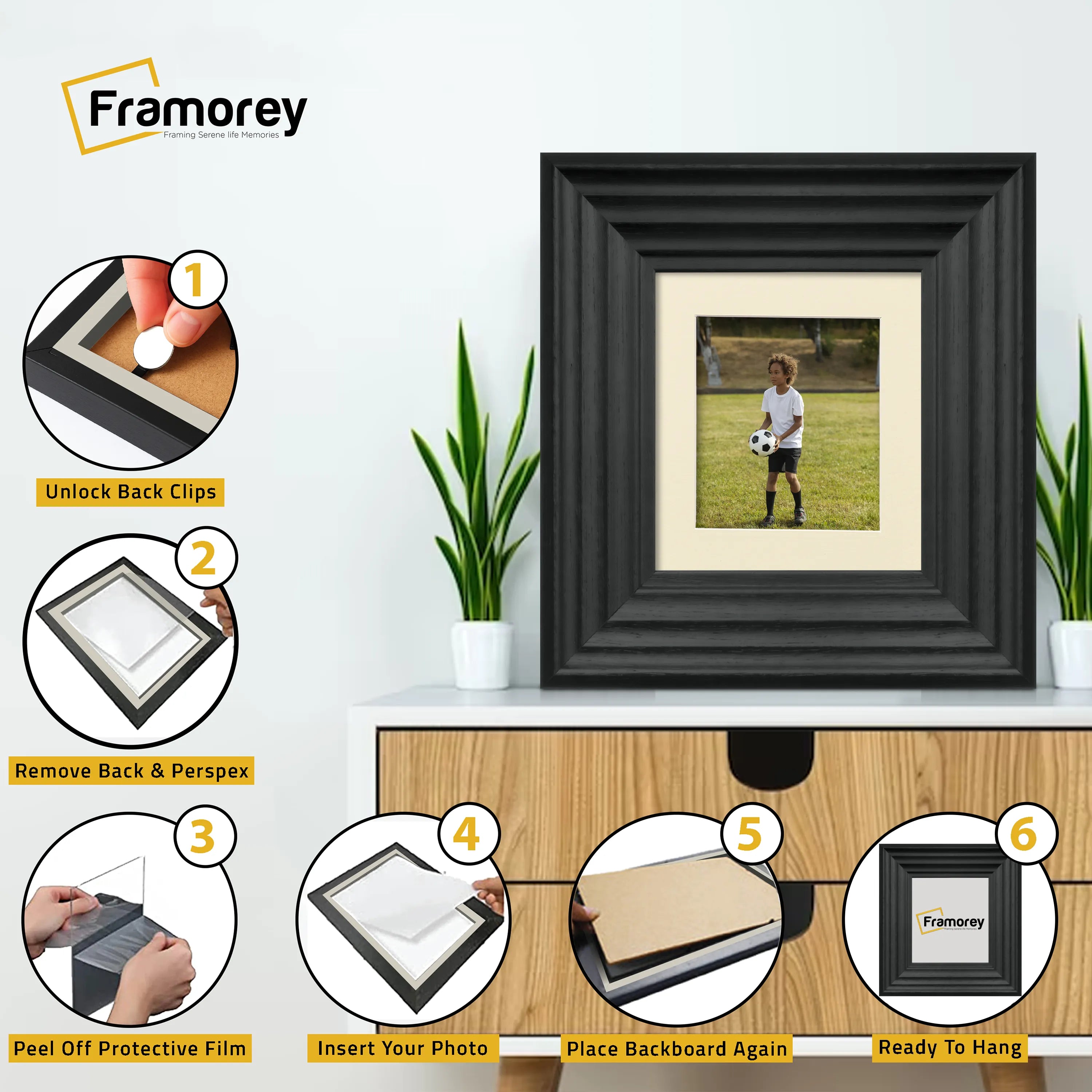 Square Black Wooden Picture Frame Big Step Style with Ivory Mount