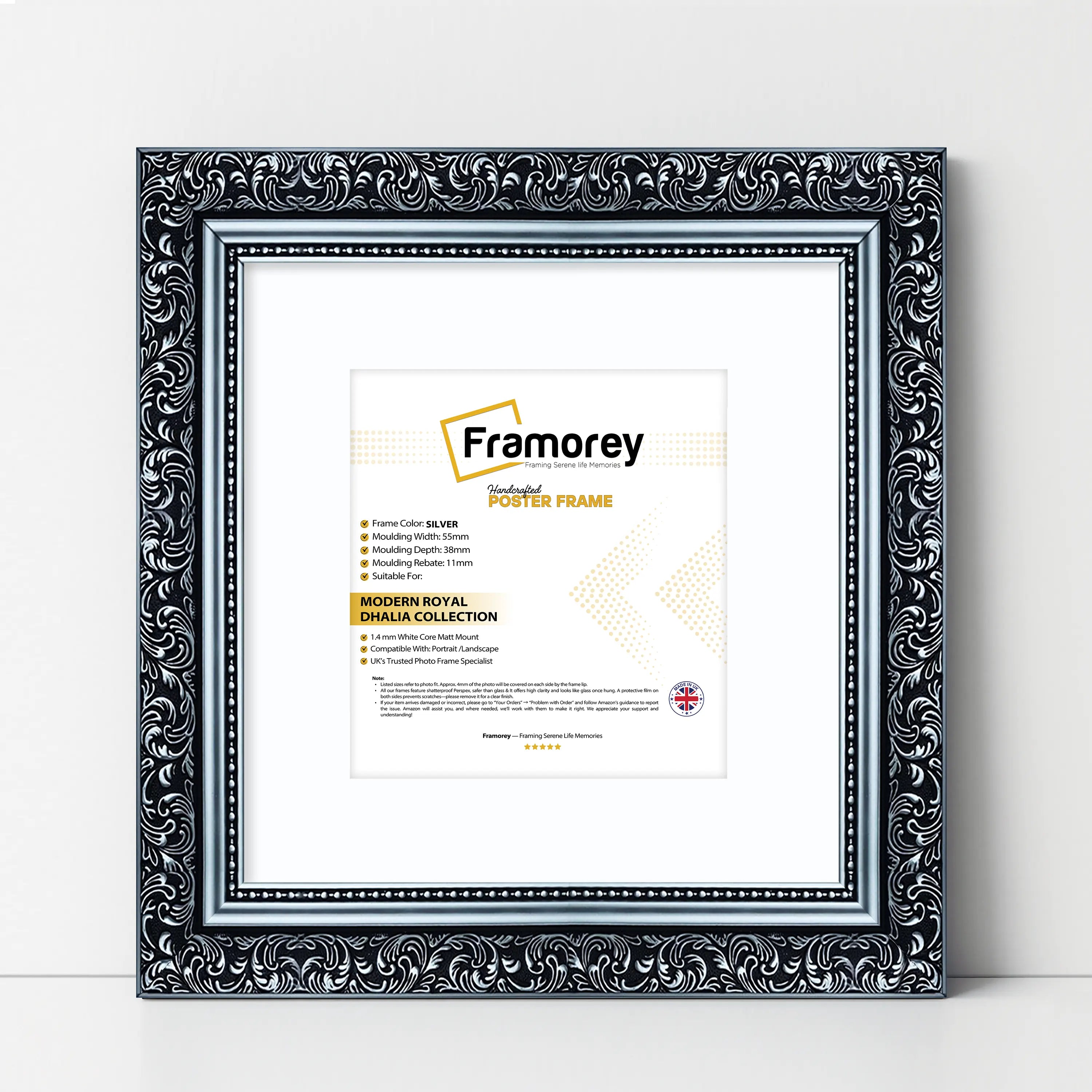 Square Silver Picture Frame Dahlia Wall Art Frame With White Mount