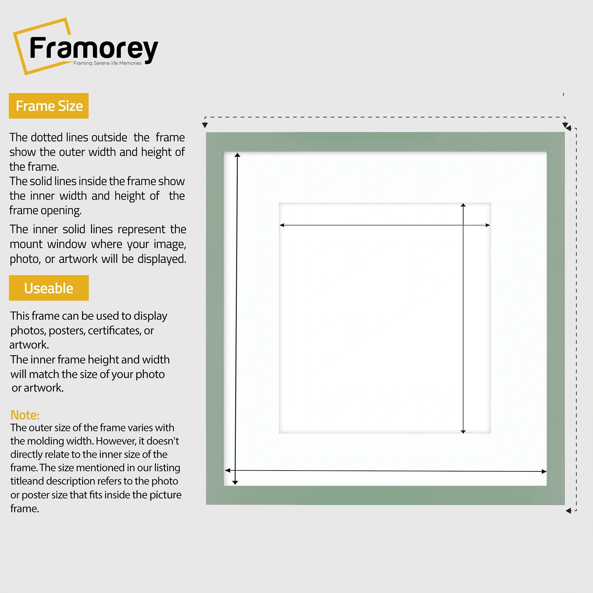 Square Size Thin Matt Green Picture Frames With White Mount