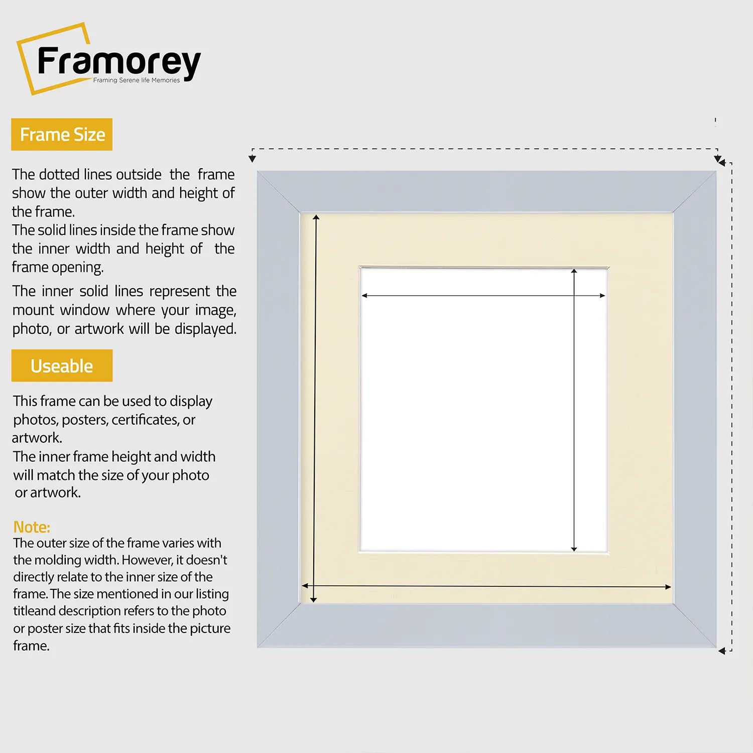 Square Size Light Grey Picture Frame With Ivory Mount