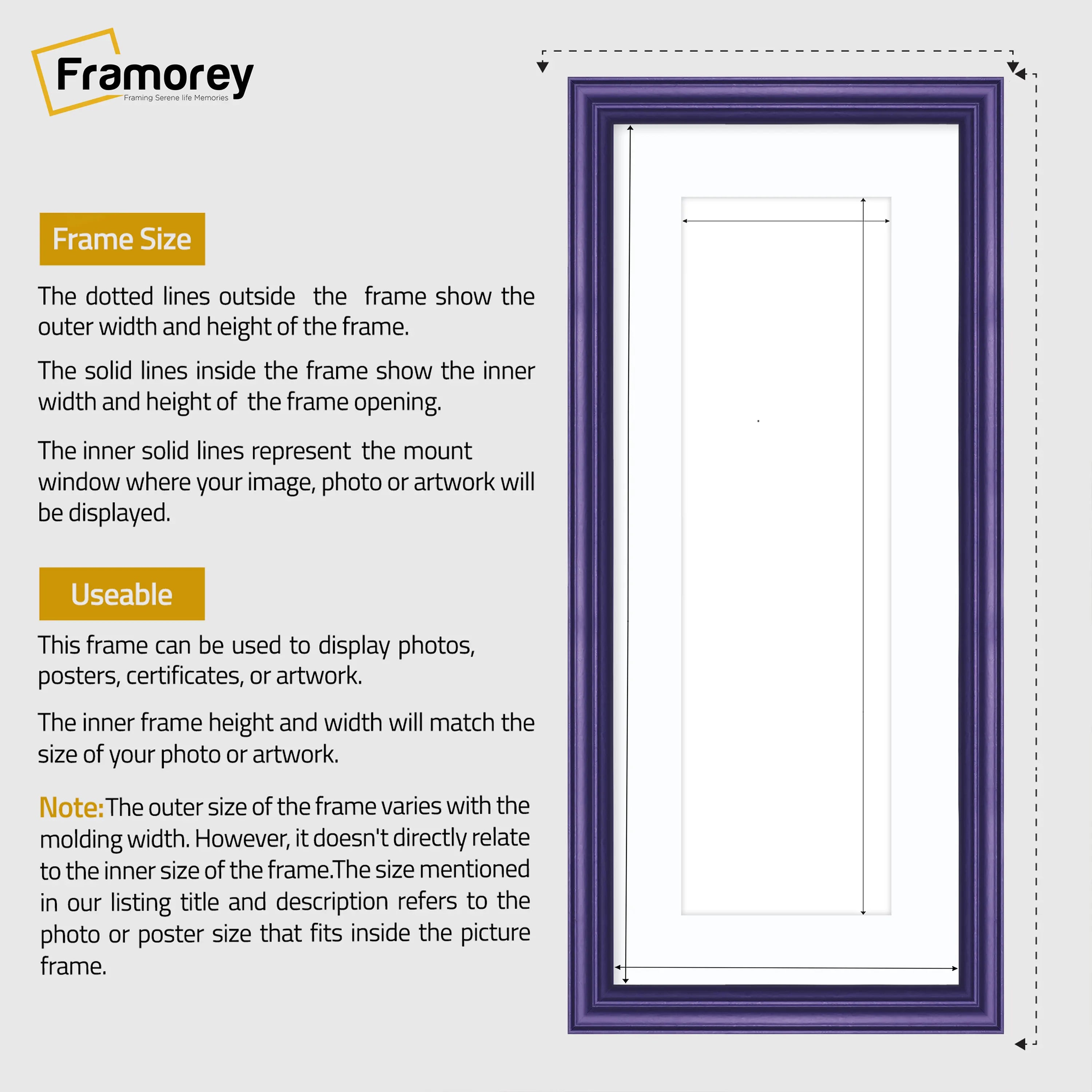 Antique Style Panoramic Size Purple Picture Frame with White Mount