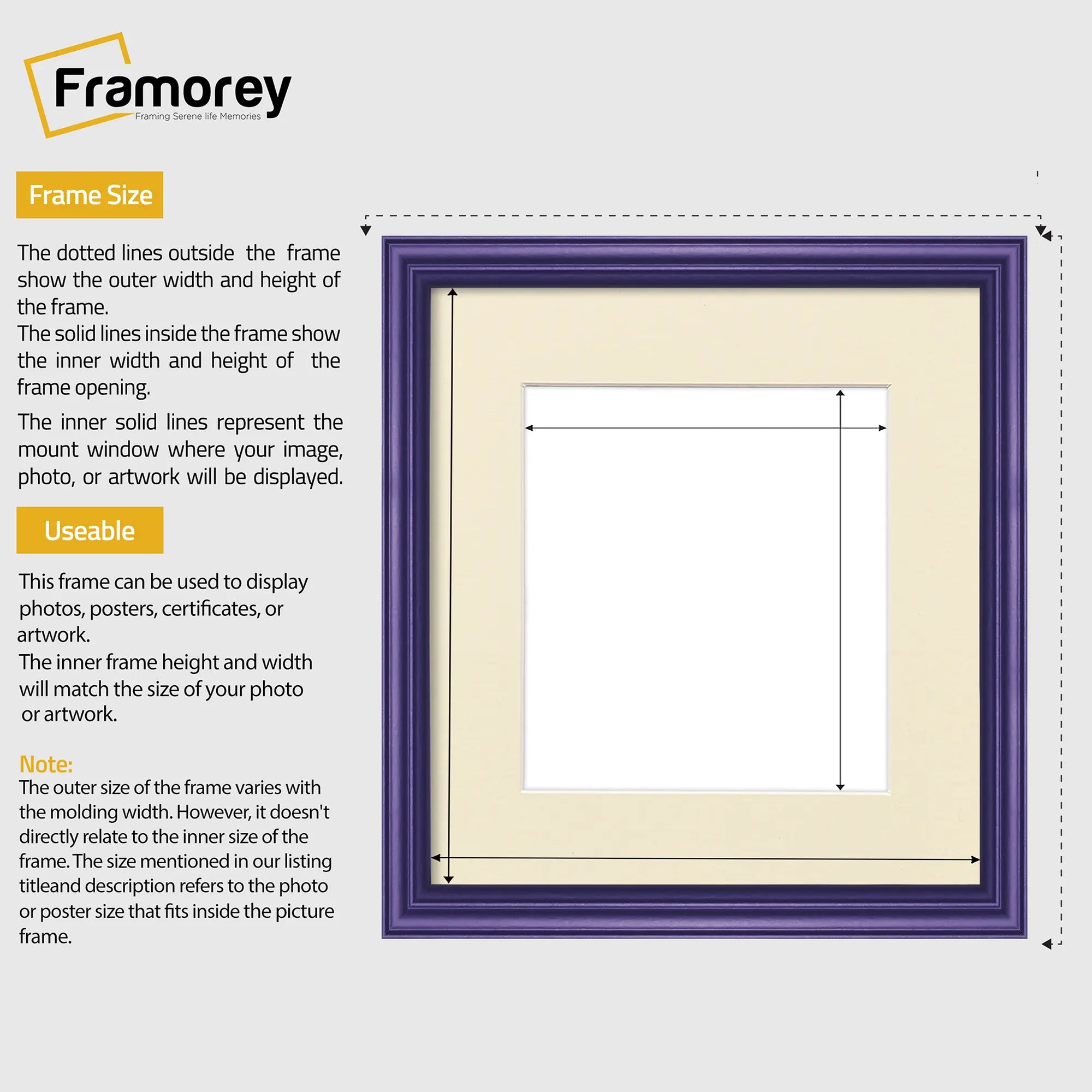 Antique Style Square Purple Picture Frame Wall Art Photo Frame With Ivory Mount