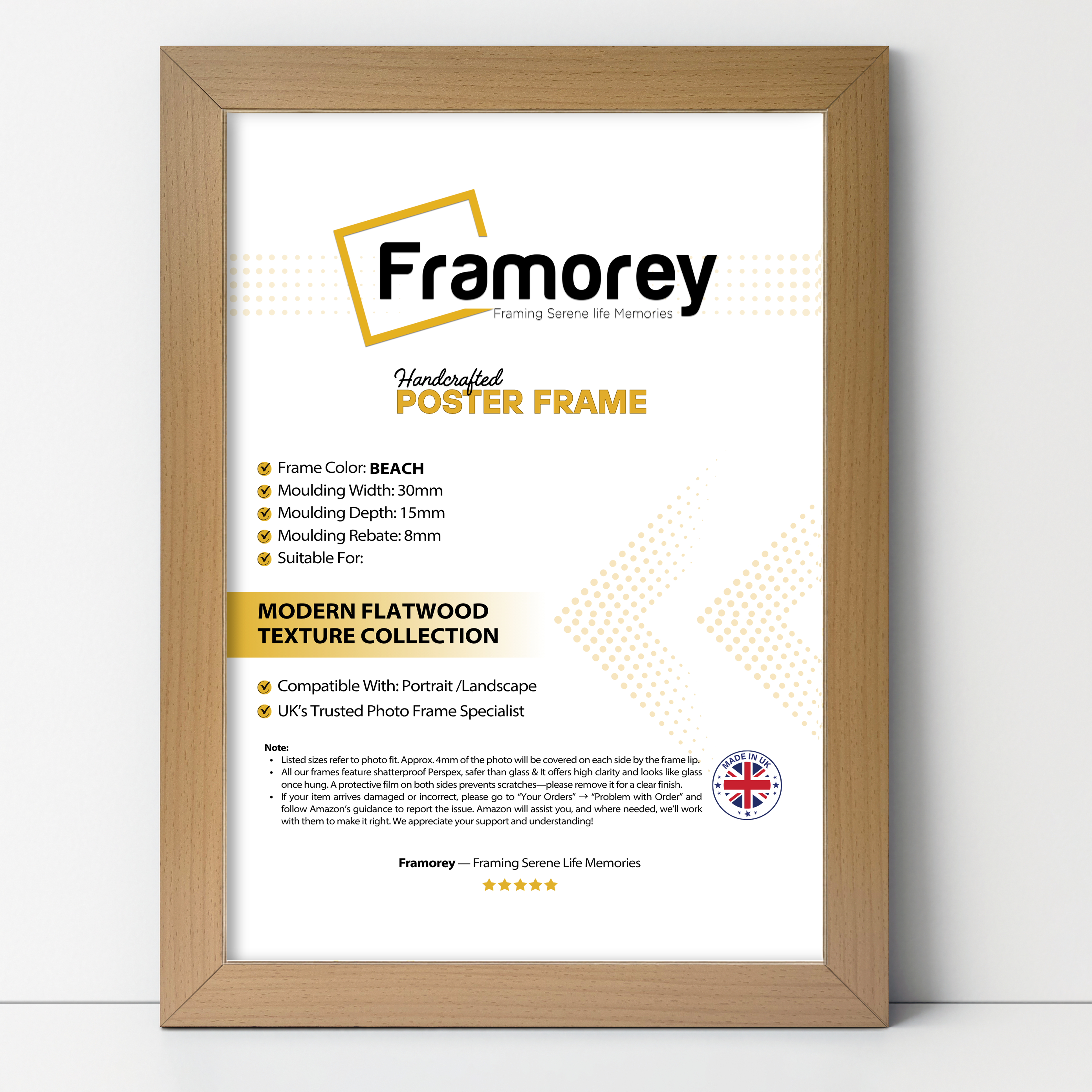 Beech Picture Frame with some details on its measurements.