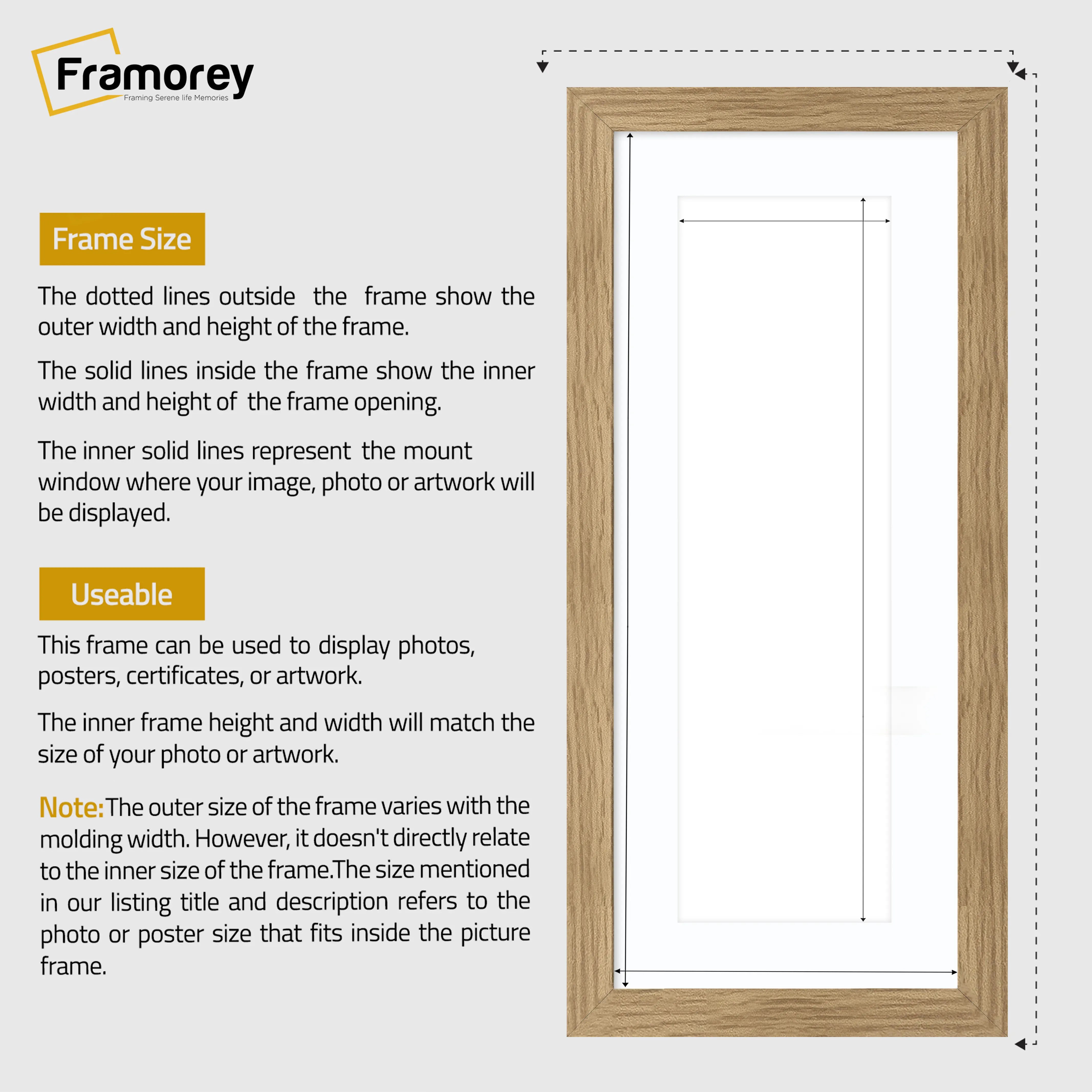Flat Panoramic Oak Picture Frame Wall Art Photo Frame With White Mount