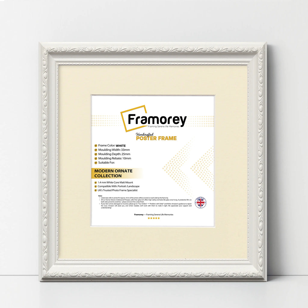 Square Size White Shabby Picture Frame With Ivory Mount