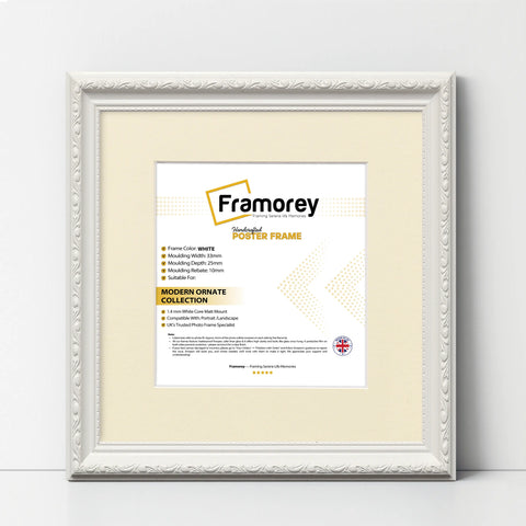 Square Size White Shabby Picture Frame With Ivory Mount