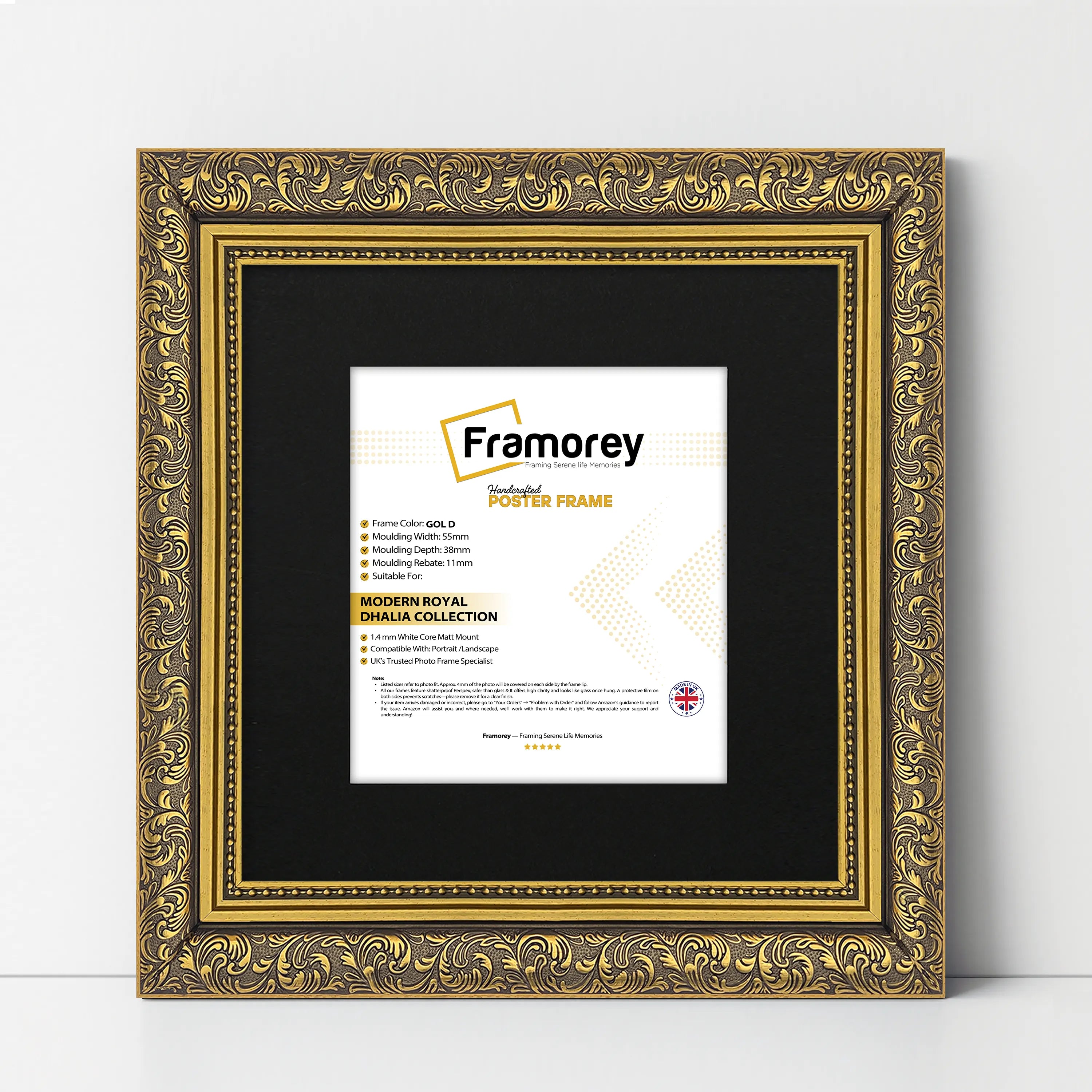 Square Photo Frames Gold Dahlia Wall Art Frame With Black Mount