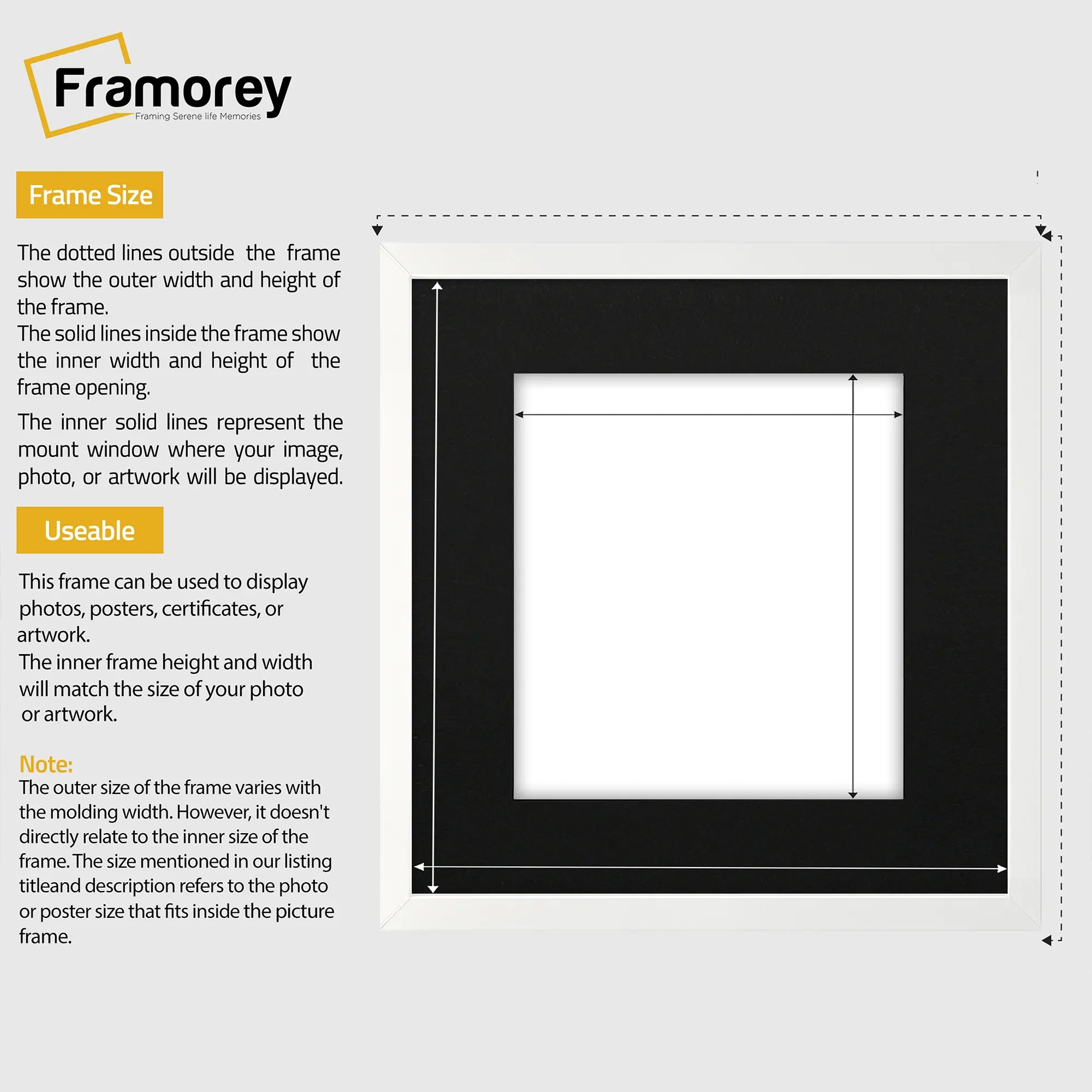 Square Size White Thin Matt Photo Frames with Black Mount