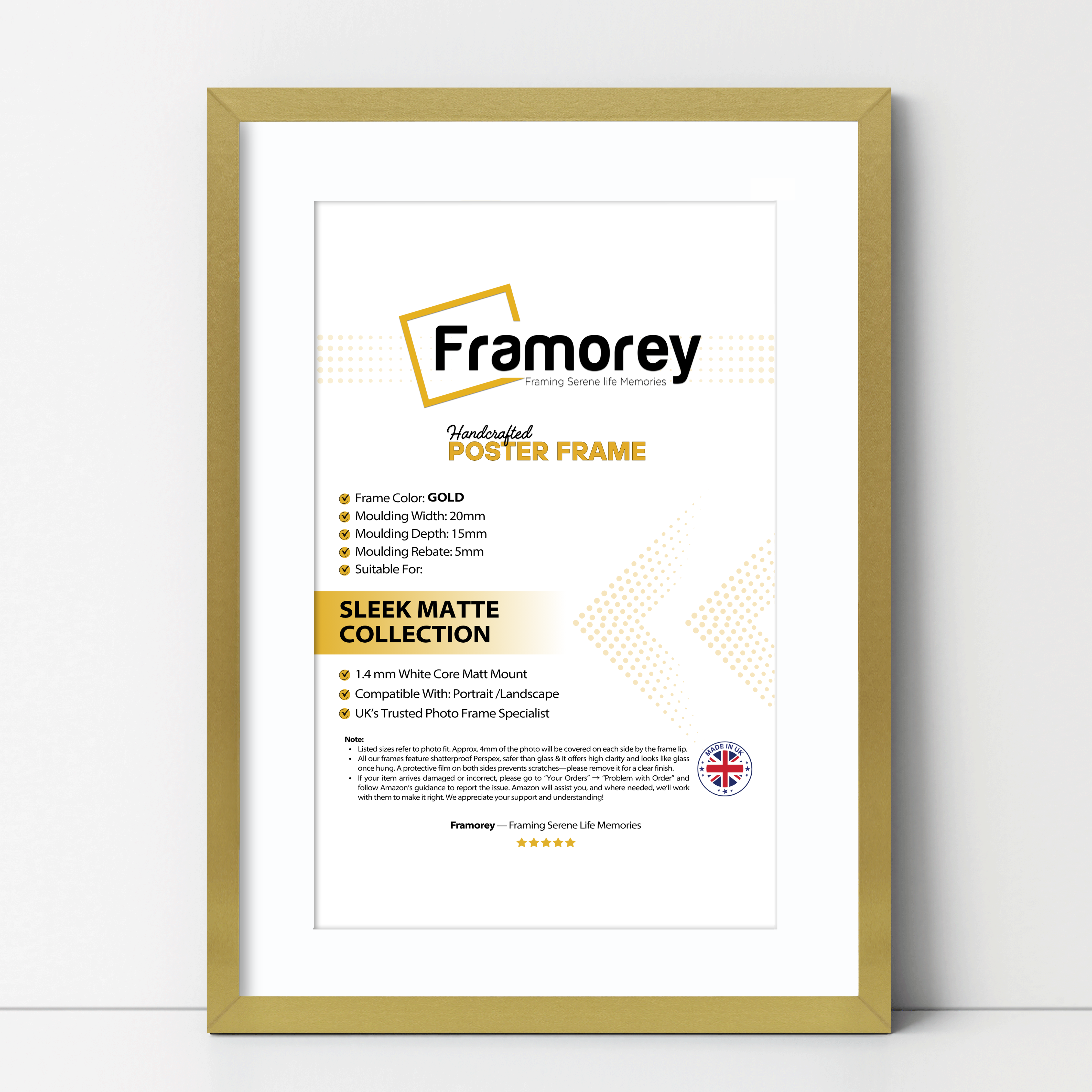 Thin Matt Gold Picture Frame With White Mount placed on a table with some details mentioned on its right.