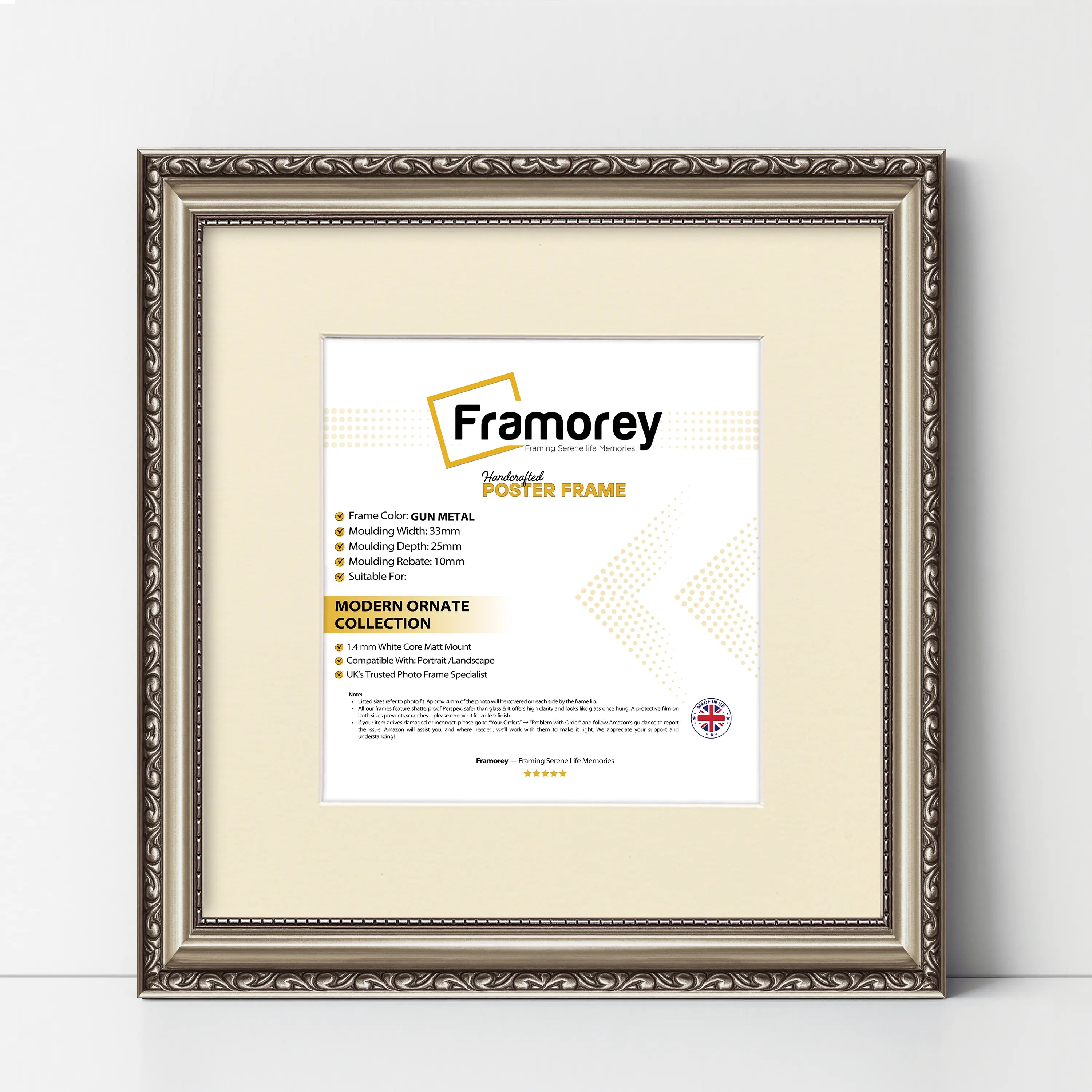 Square Size Gun Metal Shabby Picture Frame With Ivory Mount