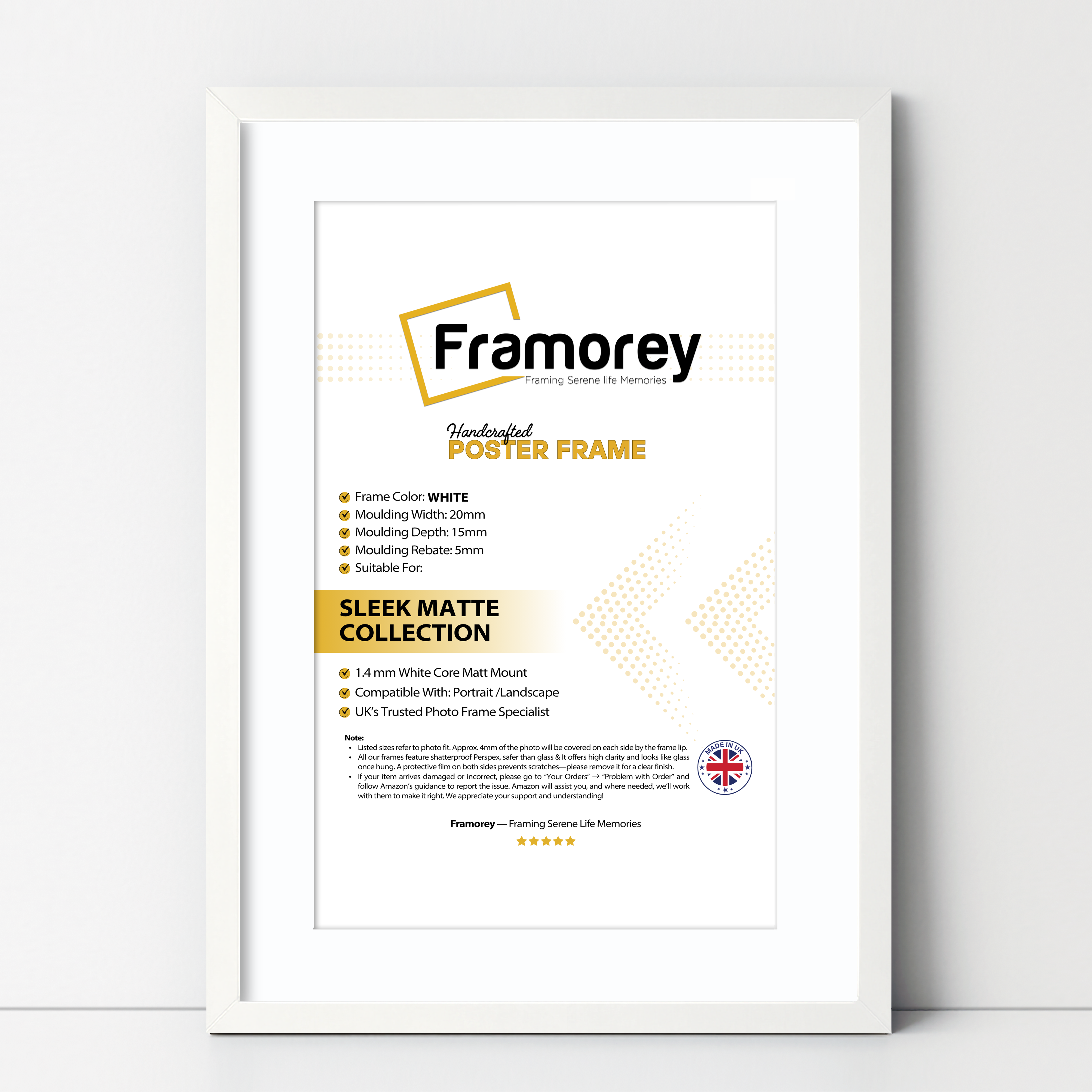 White Thin Matt Photo Frames With White Mount on a wooden table leaning with the wall and some detail on its measurement.