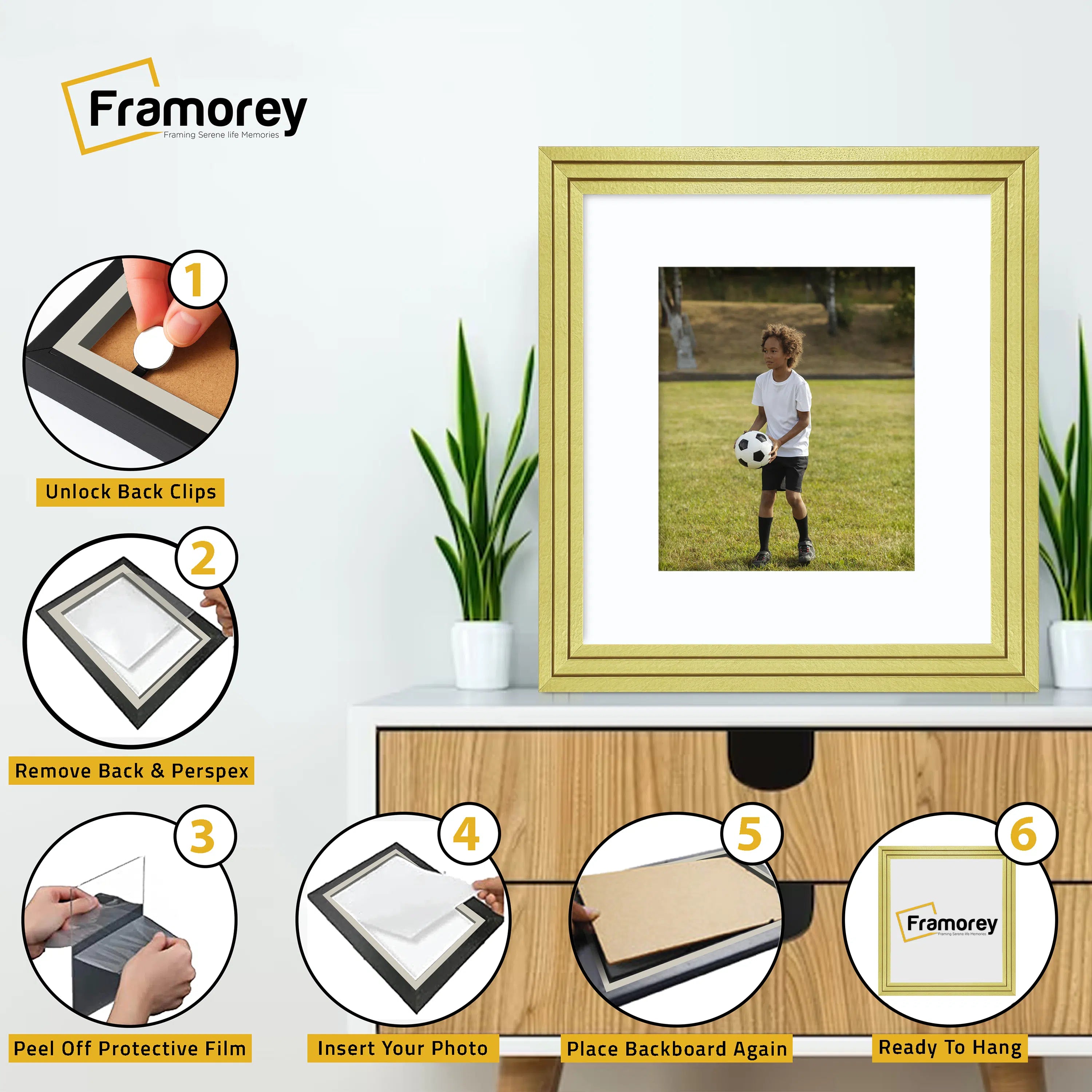 Step Style Square Size Gold Picture Frame With White Mount