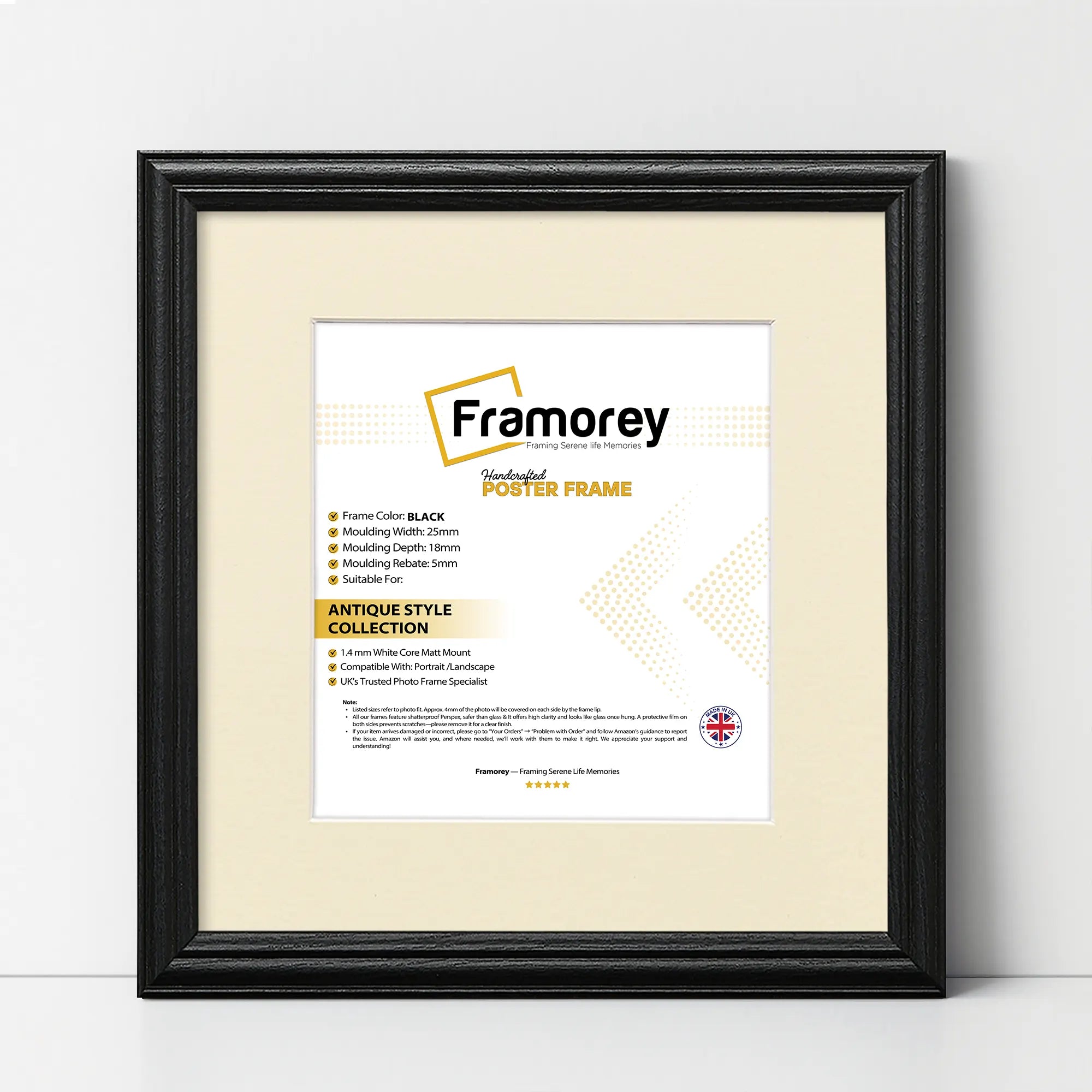 Antique Style Square Size Black Picture Frame with Ivory Mount