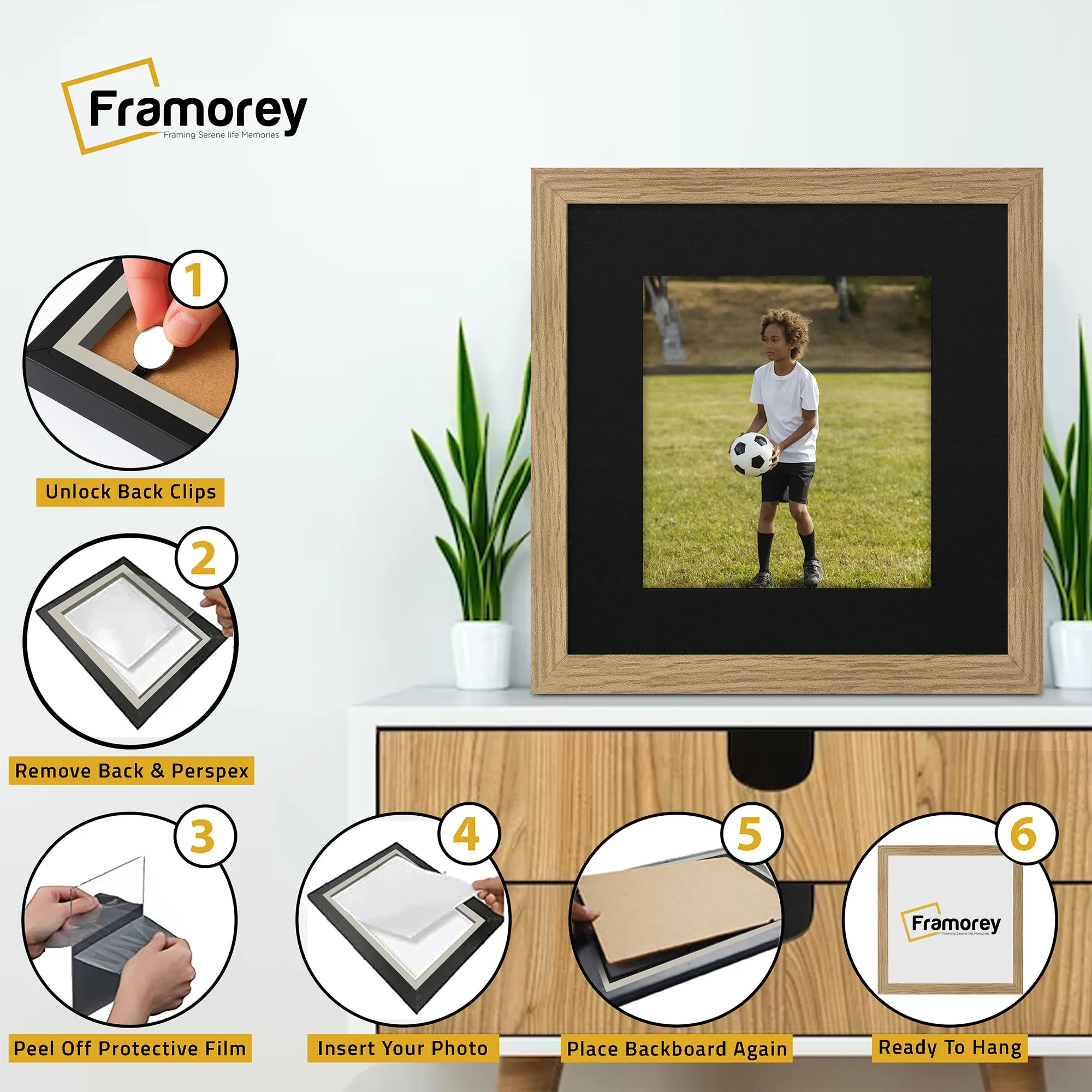 Flat Square Size Oak Picture Photo Frame With Black Mount
