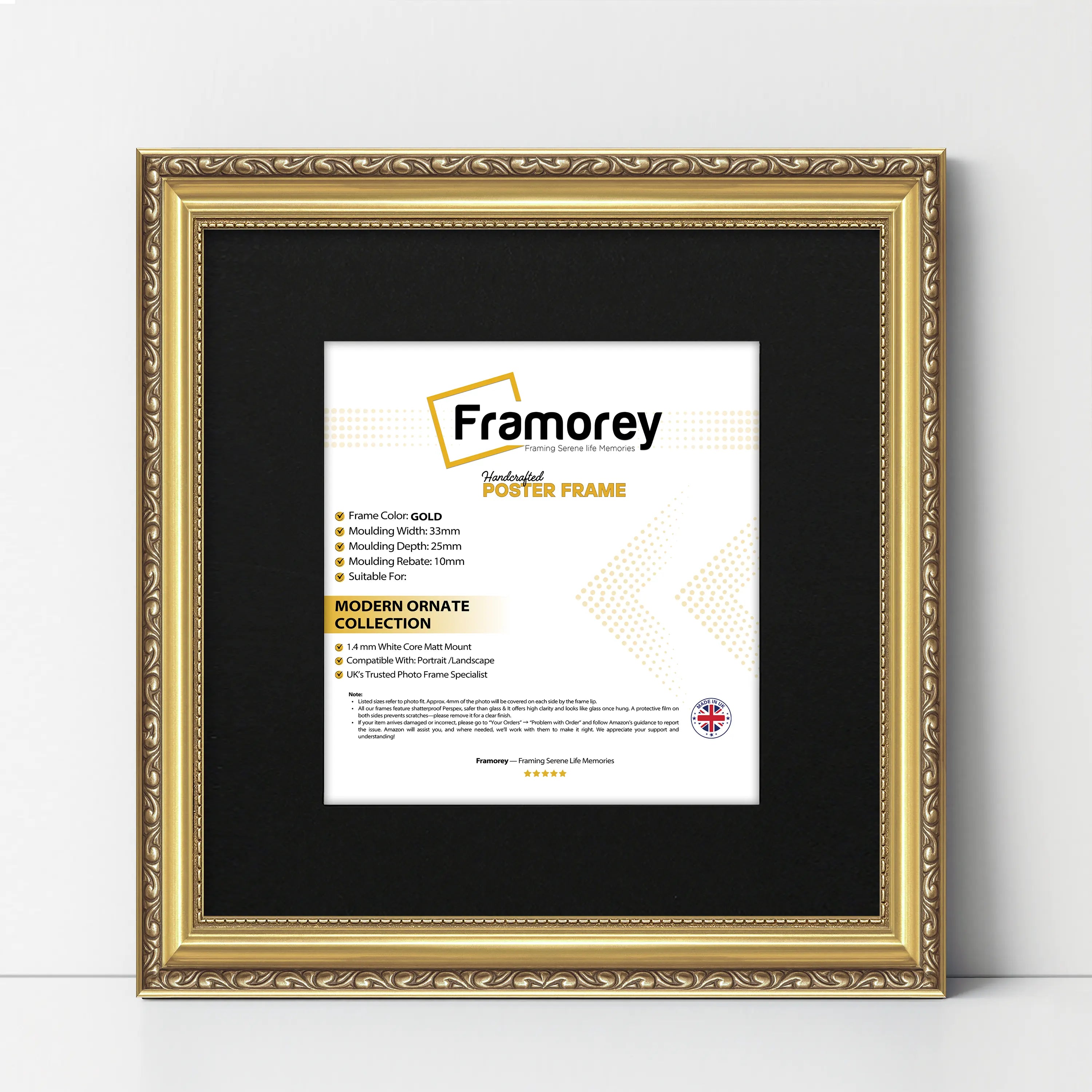 Square Size Gold Shabby Picture Frame With Black Mount