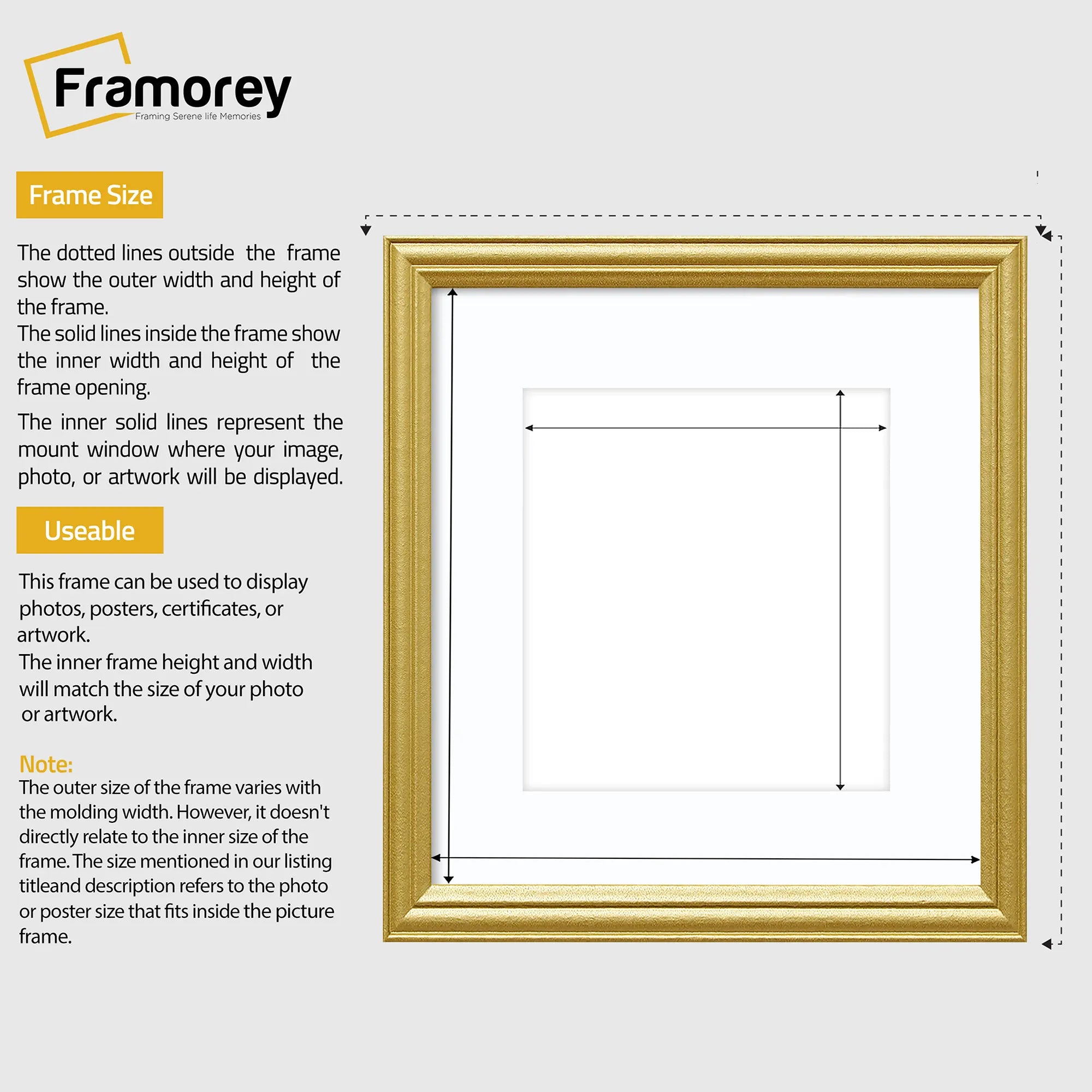 Antique Style Square Gold Picture Wall Art Photo Frame With White Mount