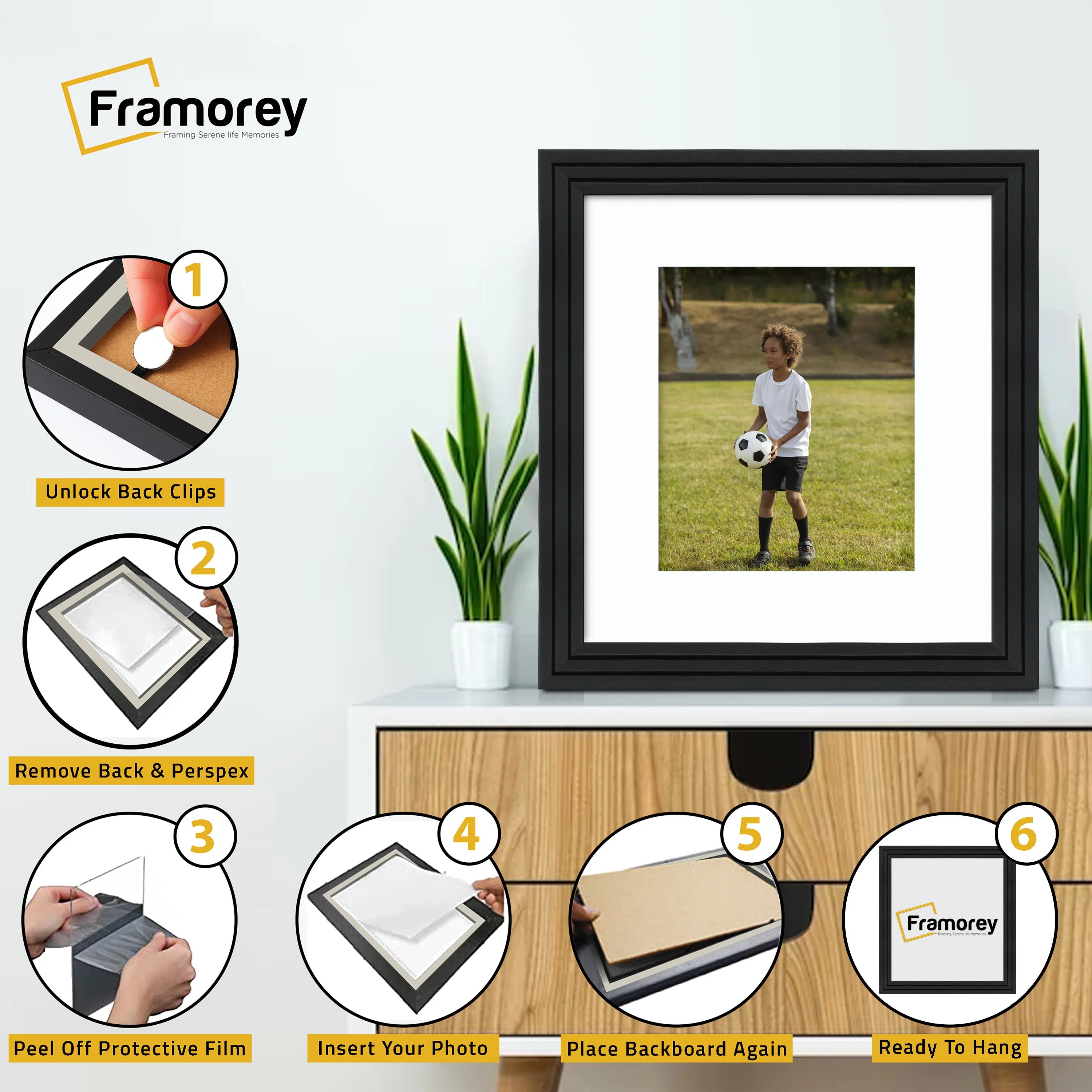 Step Style Square Size Black Picture Frame With White Mount